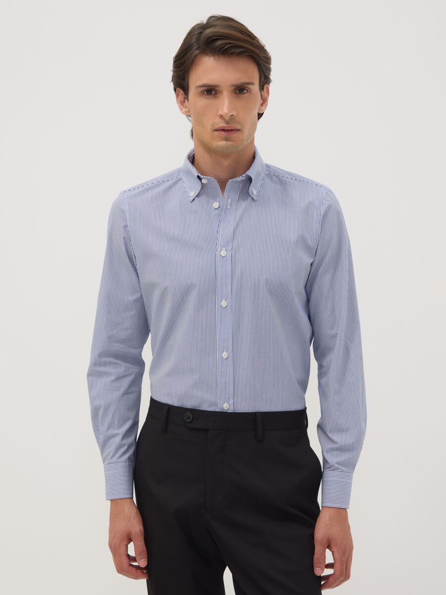 Camicia blu a righe in misto cotone button down easy iron slim fit_0