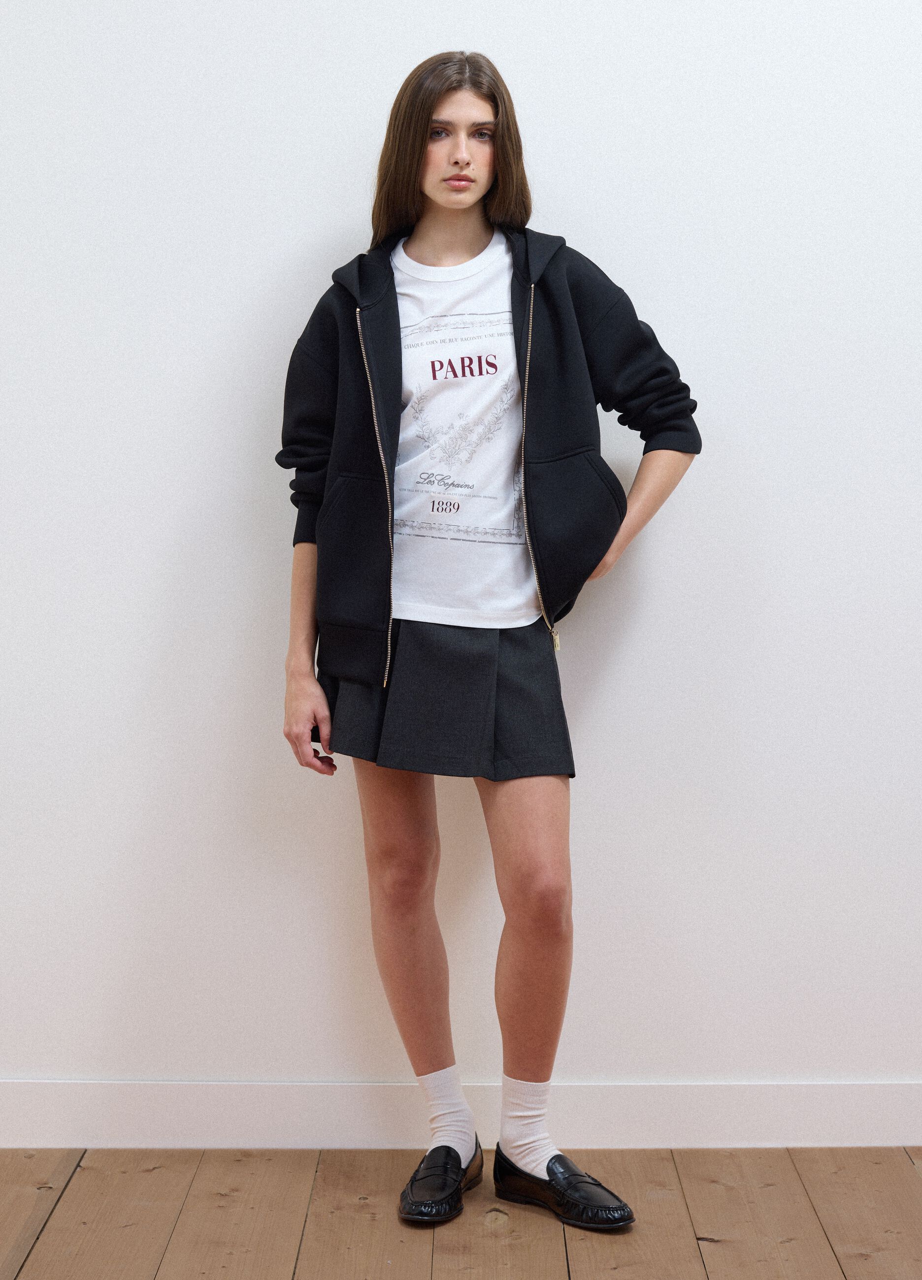 Black stretch viscose full-zip hoodie, oversized fit