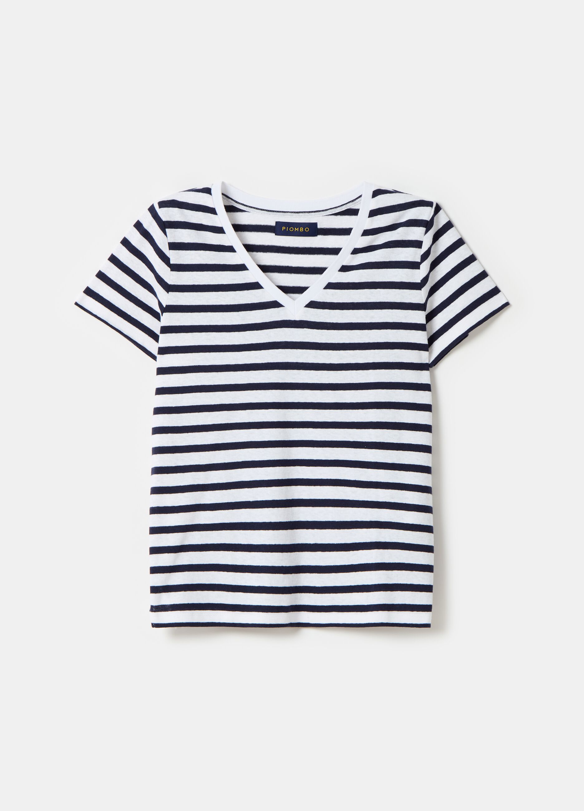Striped linen and cotton T-shirt with V neck