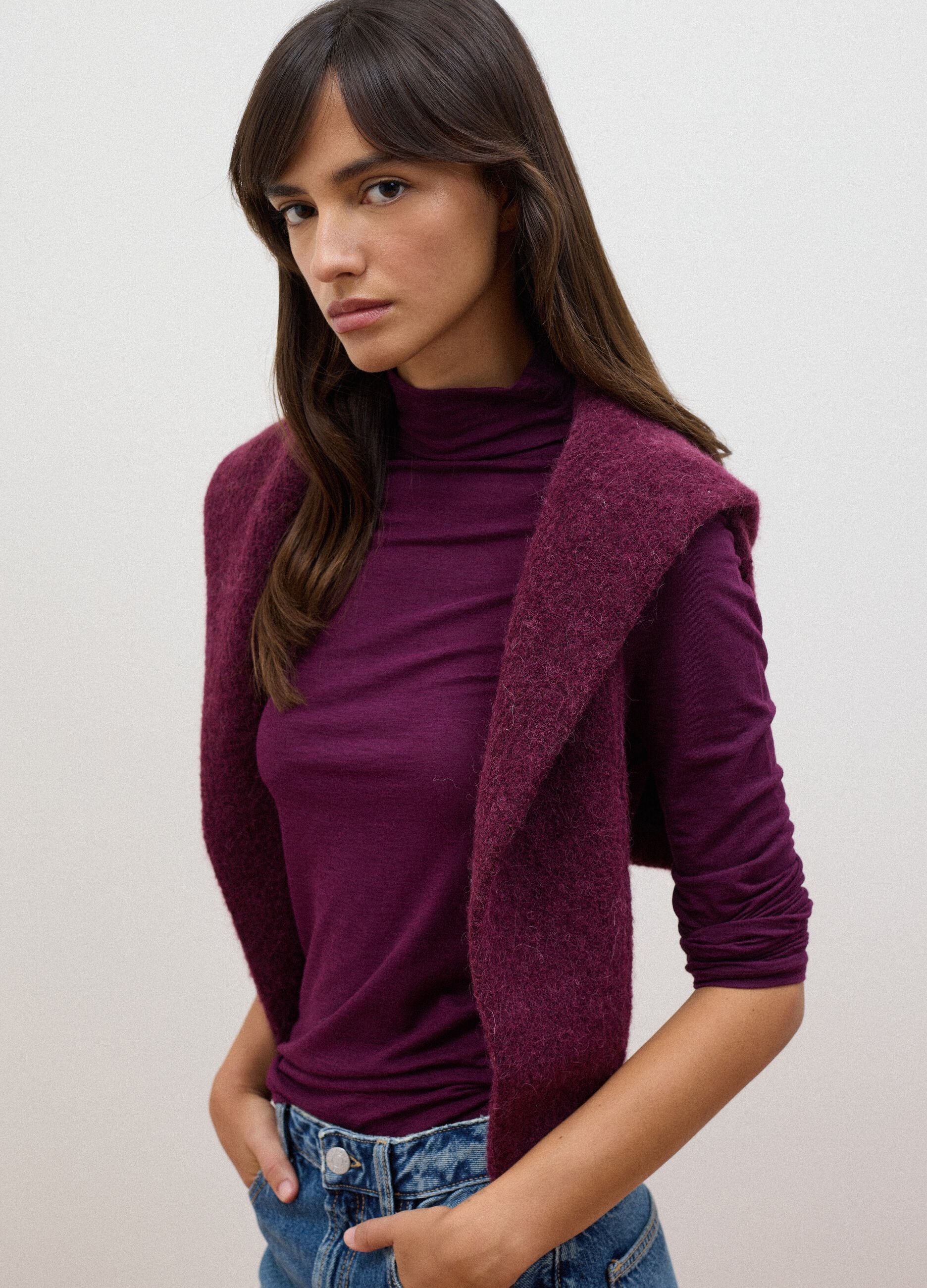 Purple modal and stretch cashmere T-shirt, regular fit