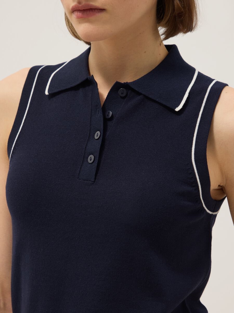 Polo senza maniche in misto viscosa blu slim fit con bottoni_3