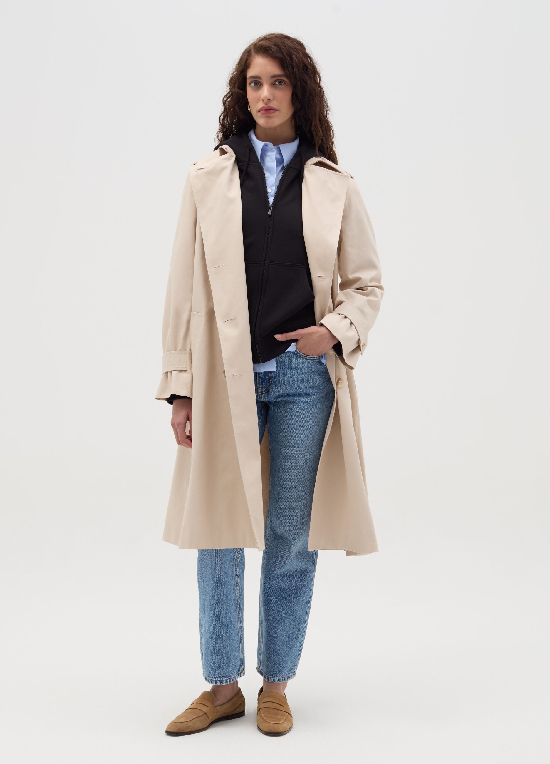 Long double-breasted trench coat with belt