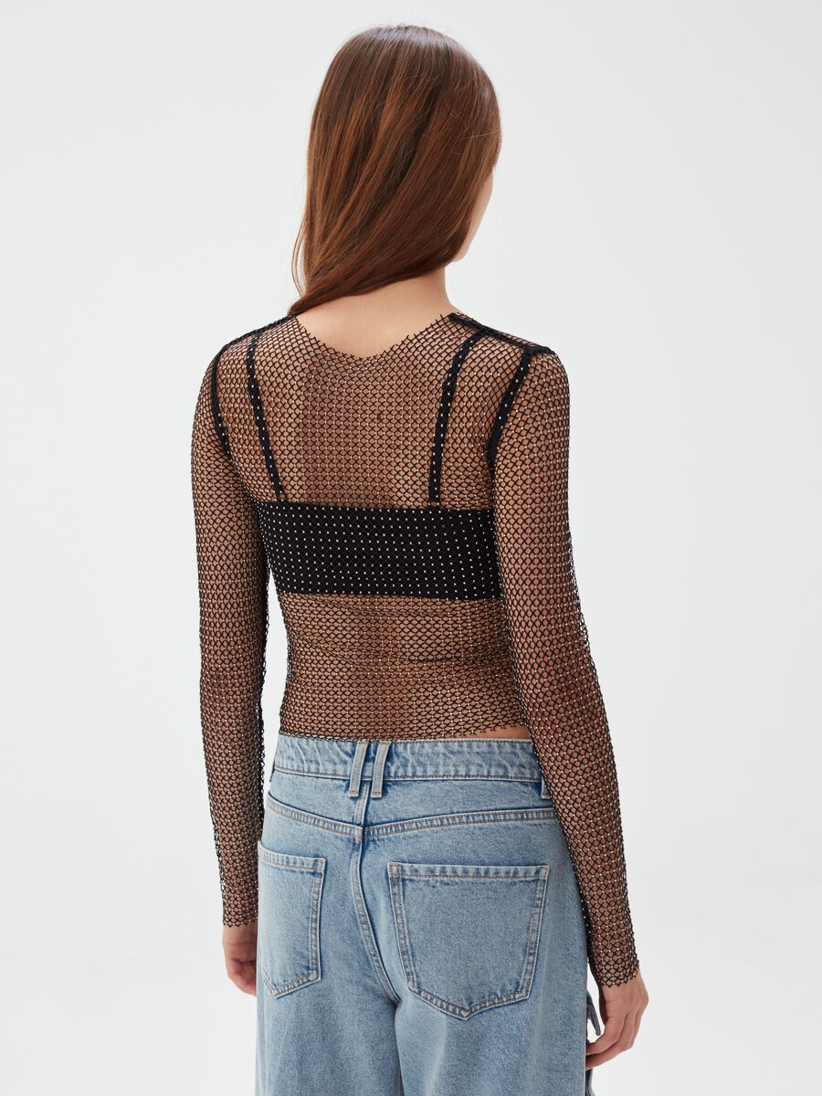 T-shirt a maniche lunghe a rete con strass_2
