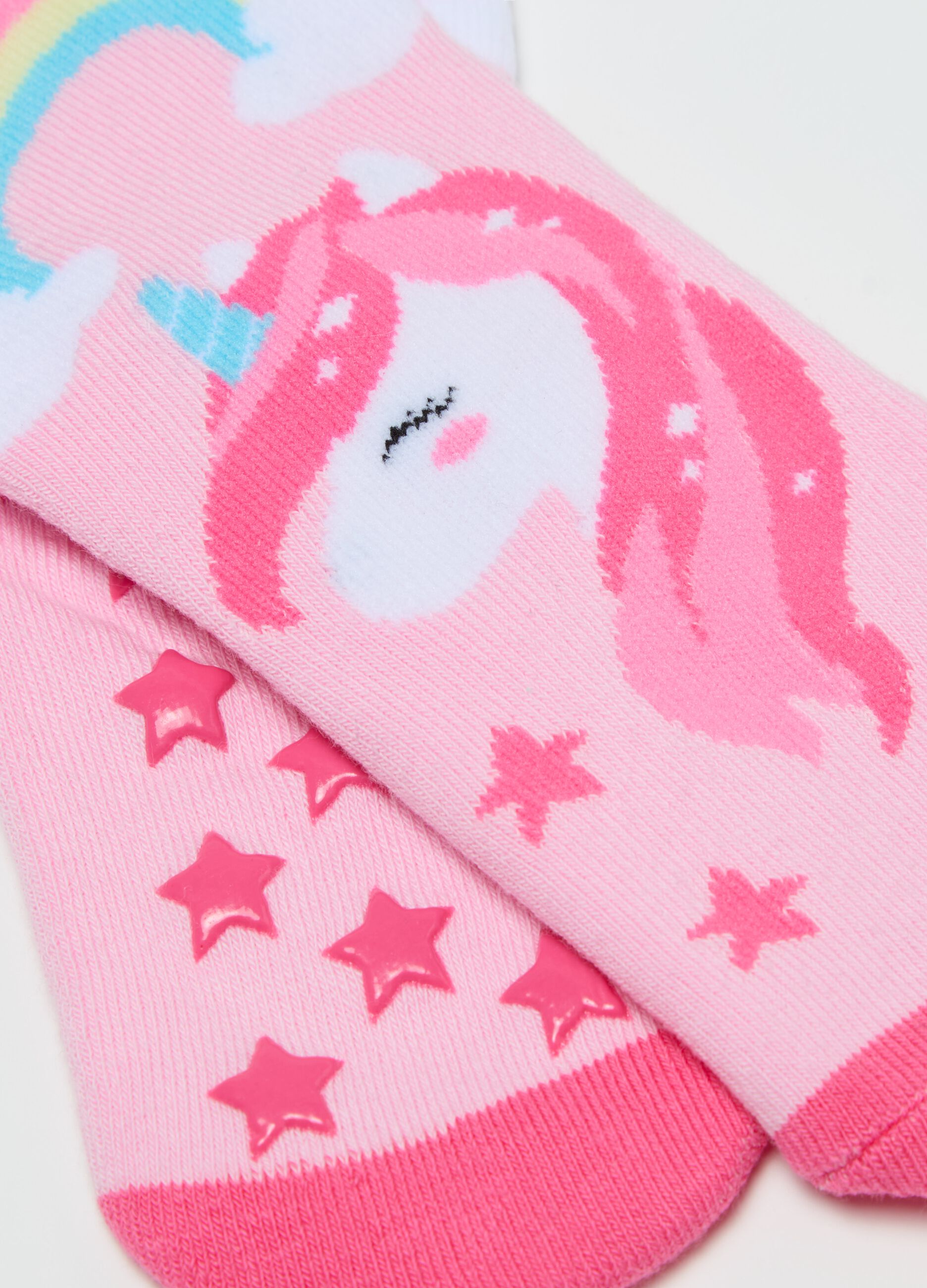 Two-pack slipper socks with unicorn and rainbows design
