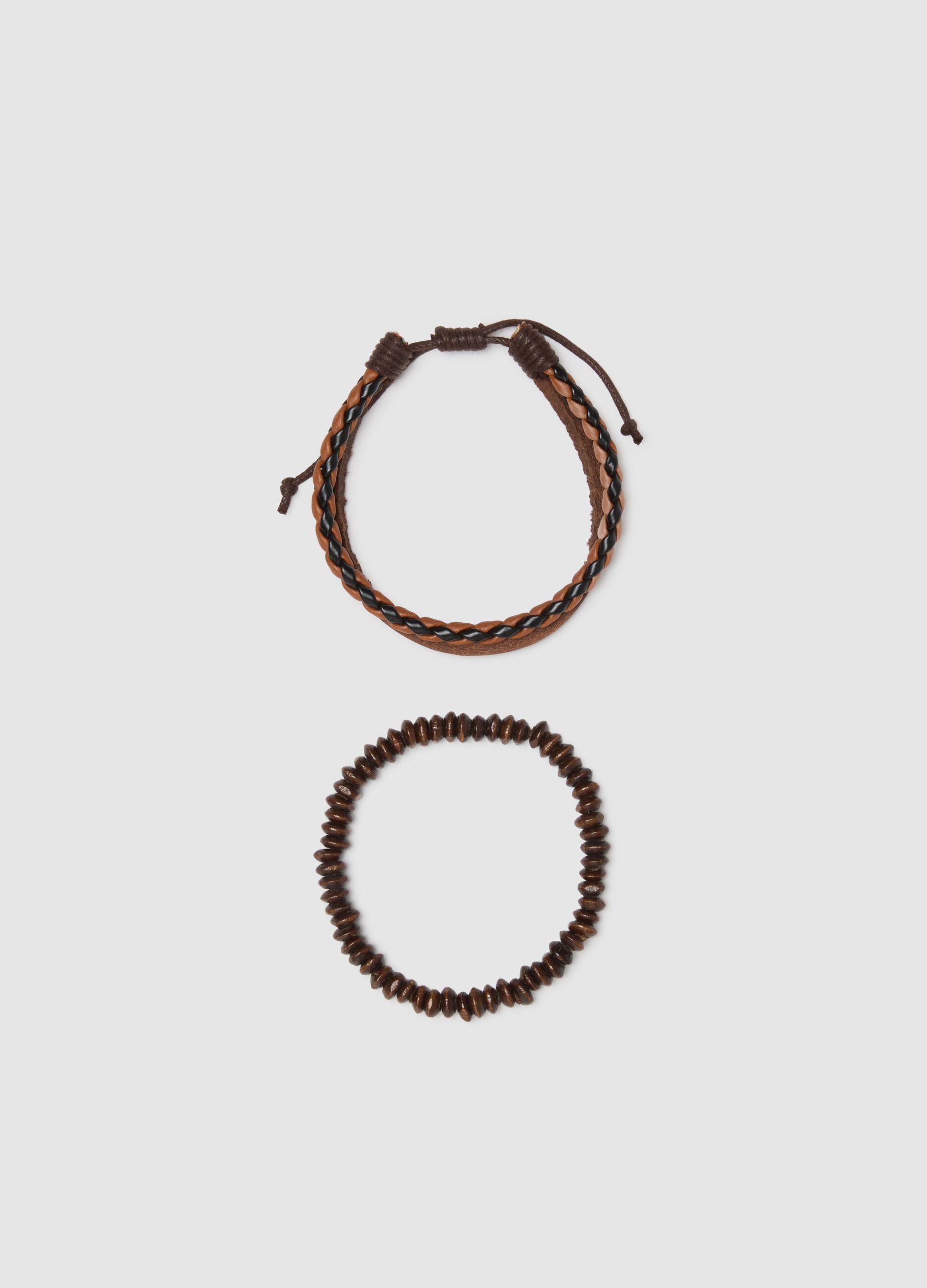 Two-Pack Genuine Leather and Brown Wood Bracelets