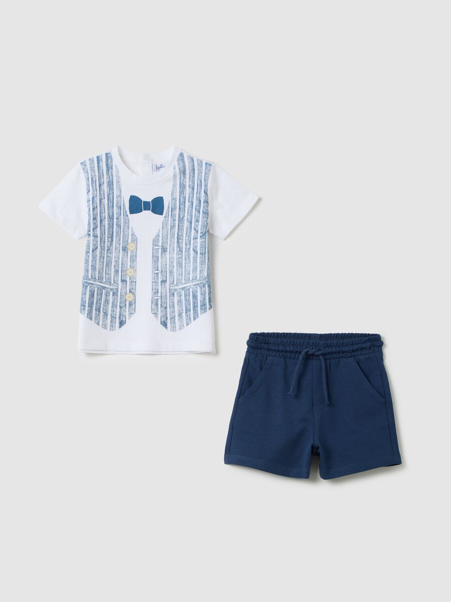 White and blue jogging set in cotton with gilet and bow tie print_0