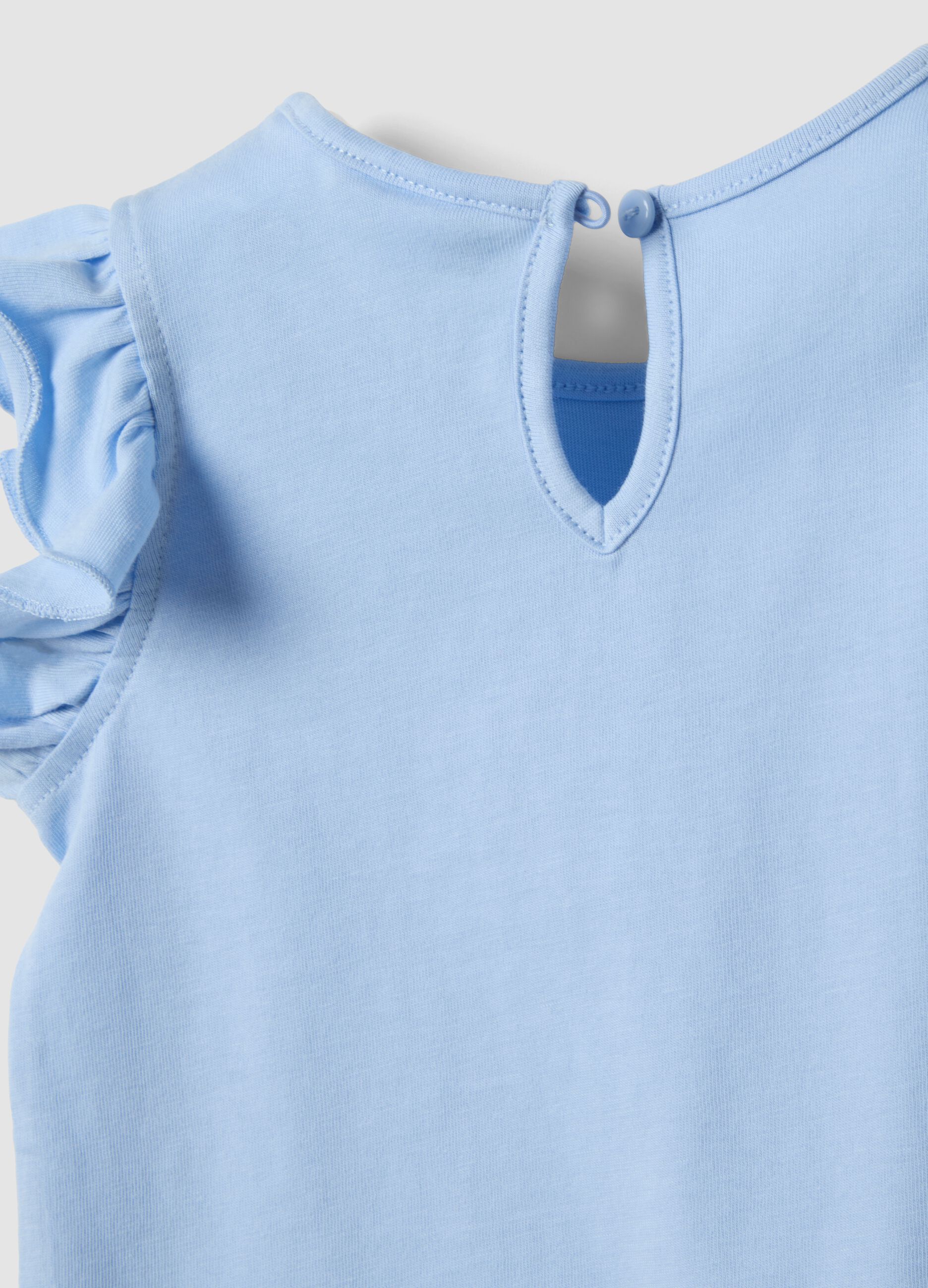 Sky-blue organic cotton tank top for baby girls with print and frills