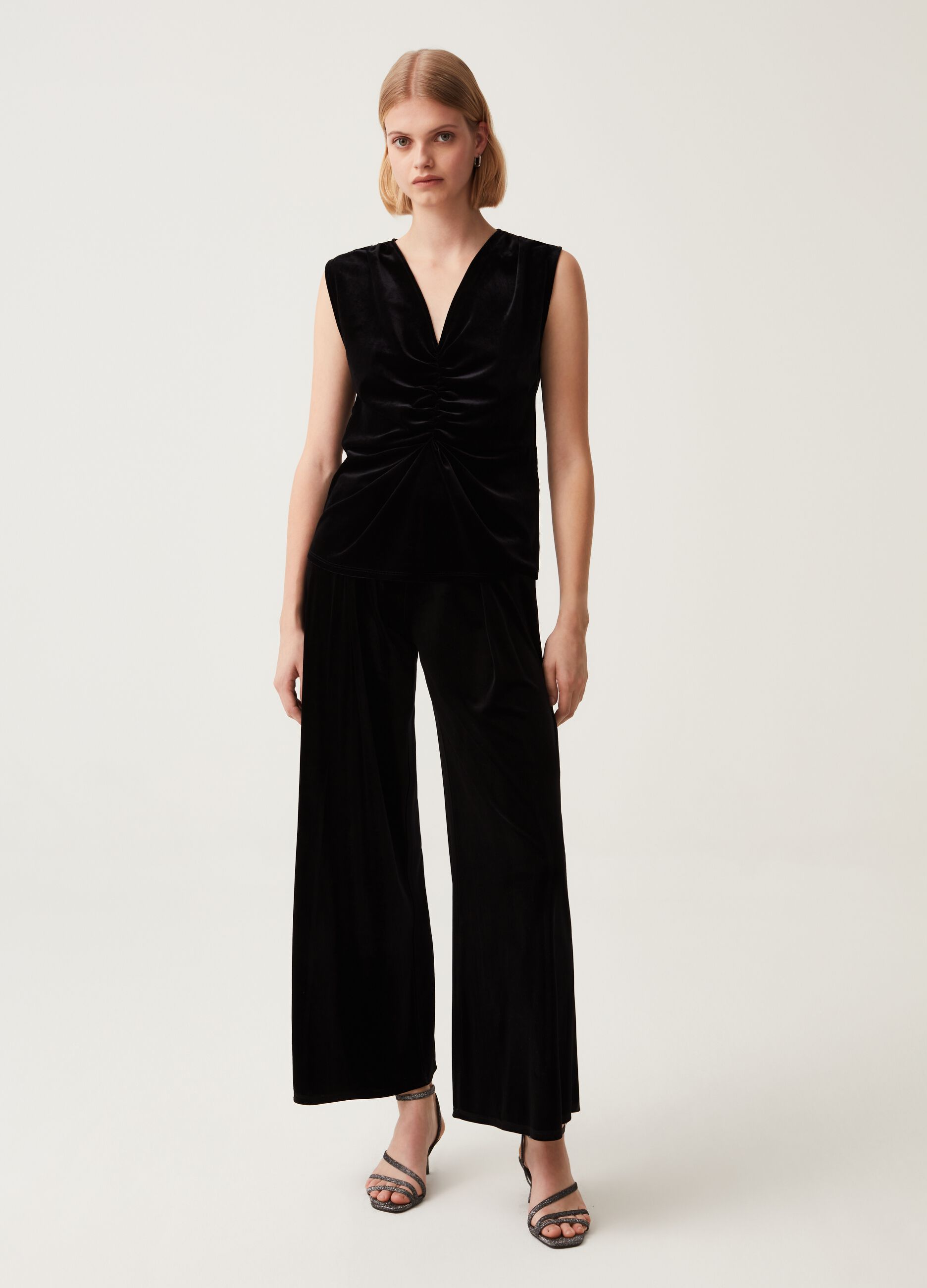 Pantaloni wide leg in velluto Nero da Donna