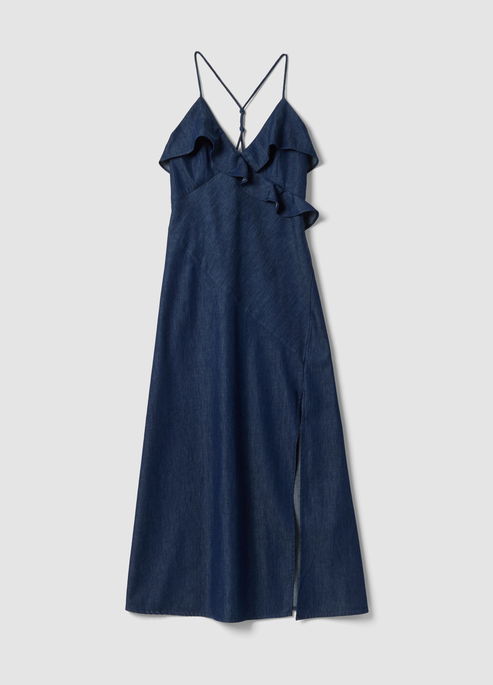 Long blue pure cotton dress with ruffles