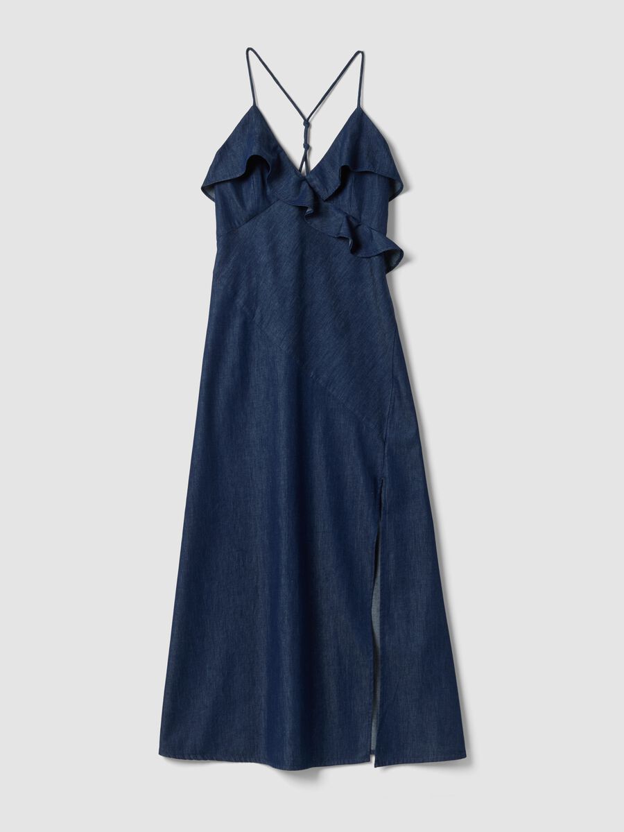 Long blue pure cotton dress with ruffles_4