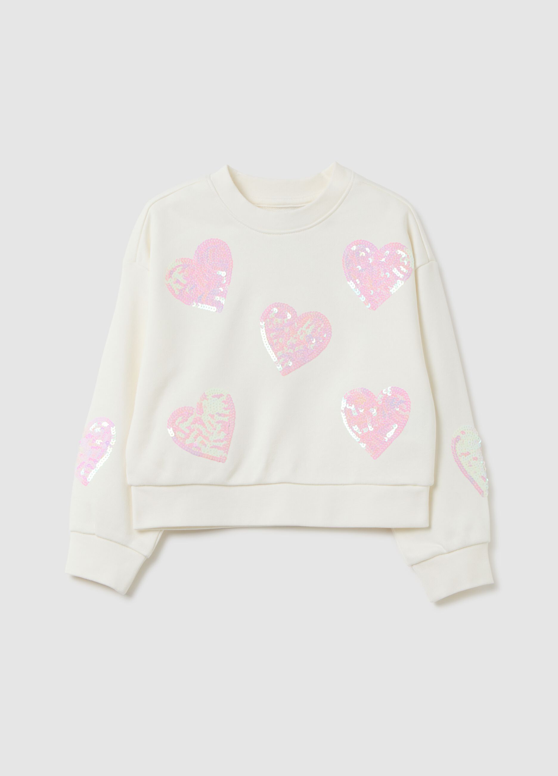 White regular fit cotton sweatshirt for girls with hearts