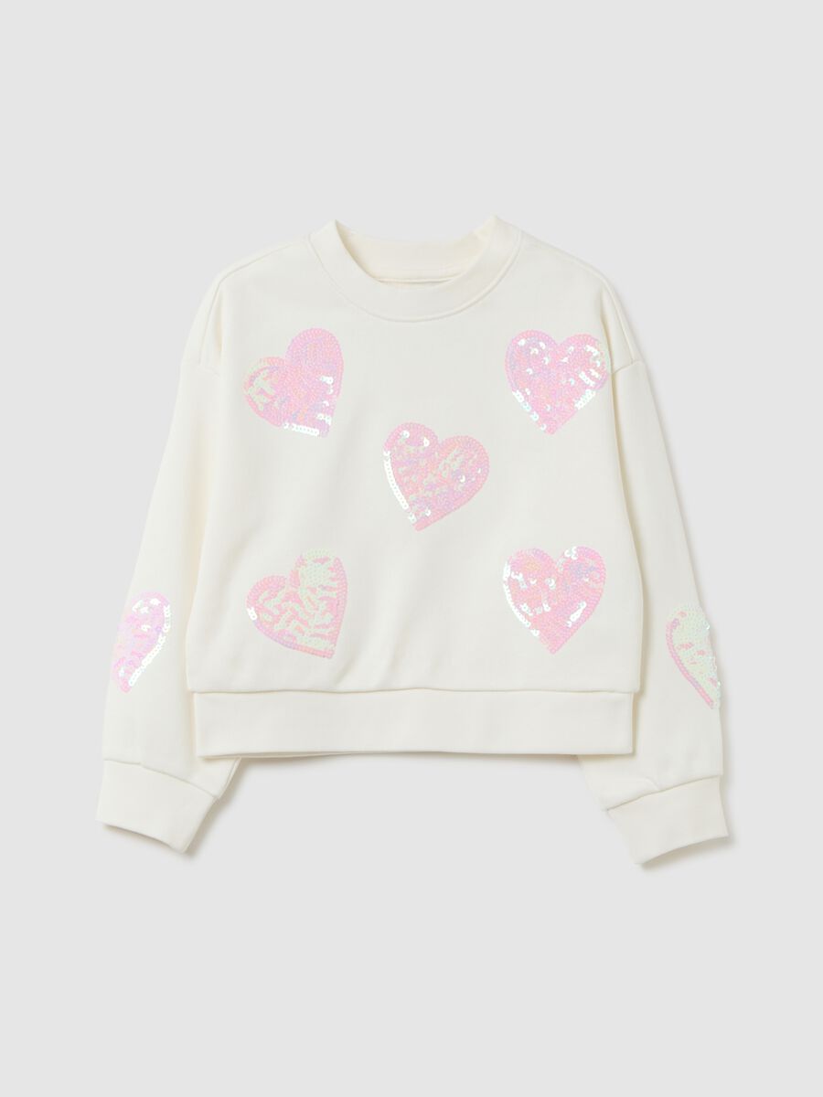 White regular fit cotton sweatshirt for girls with hearts_0