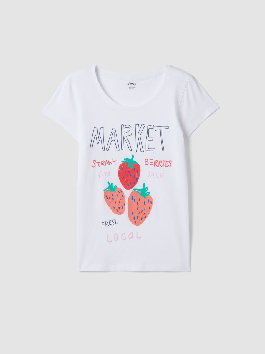 Maglietta pigiama in puro cotone bianca regular fit con fragole_4