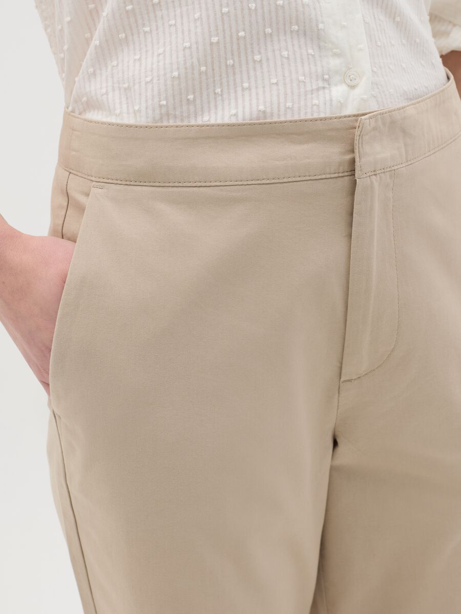 Women's beige regular fit pure cotton trousers with high waist_2
