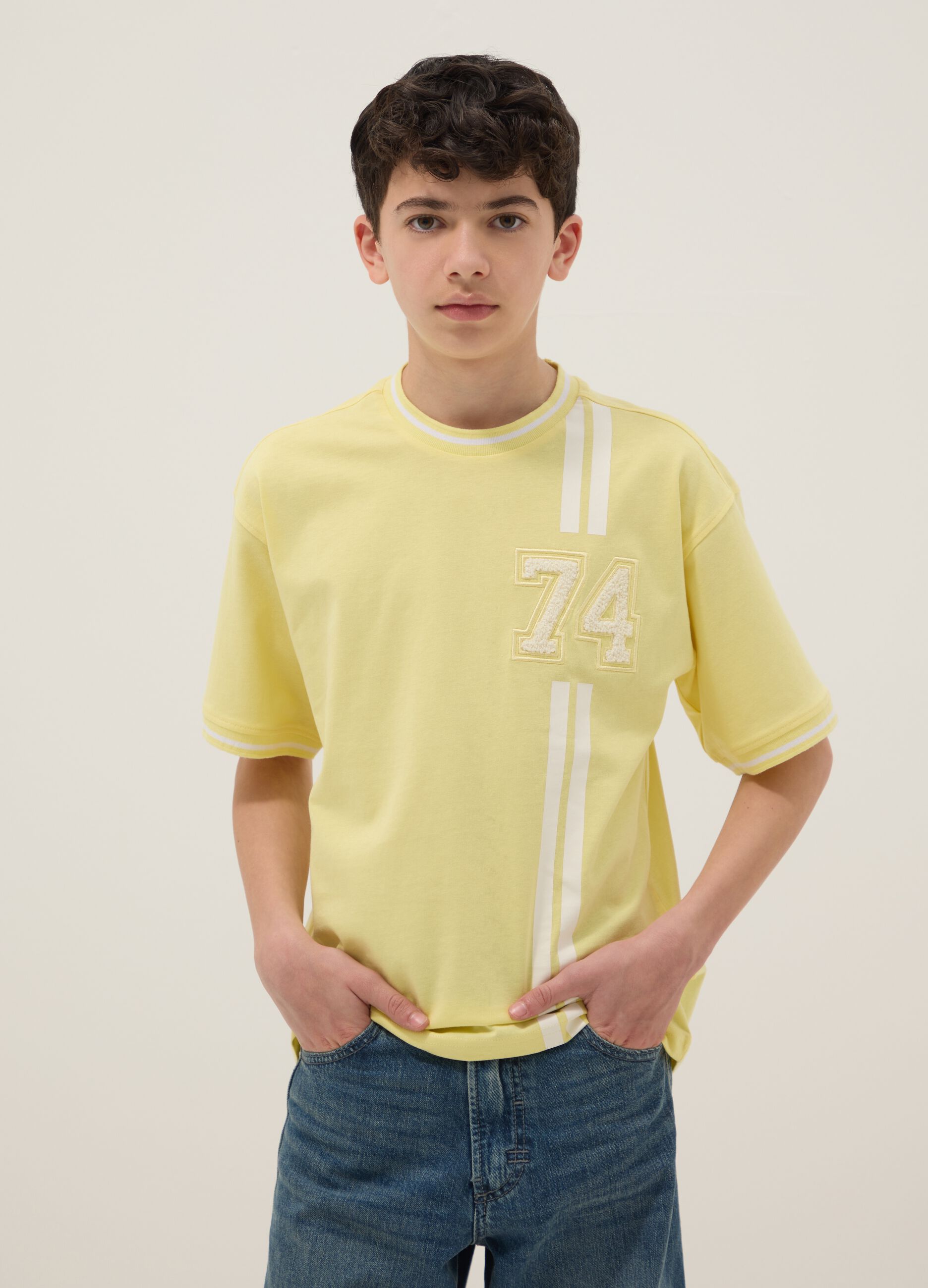 Boys' yellow pure cotton relaxed fit t-shirt with number