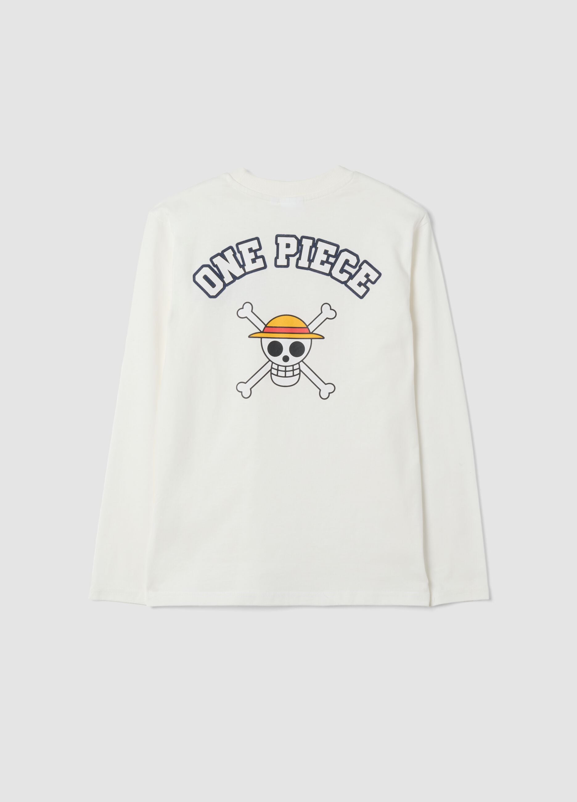White pure cotton T-shirt with One Piece print, relaxed fit