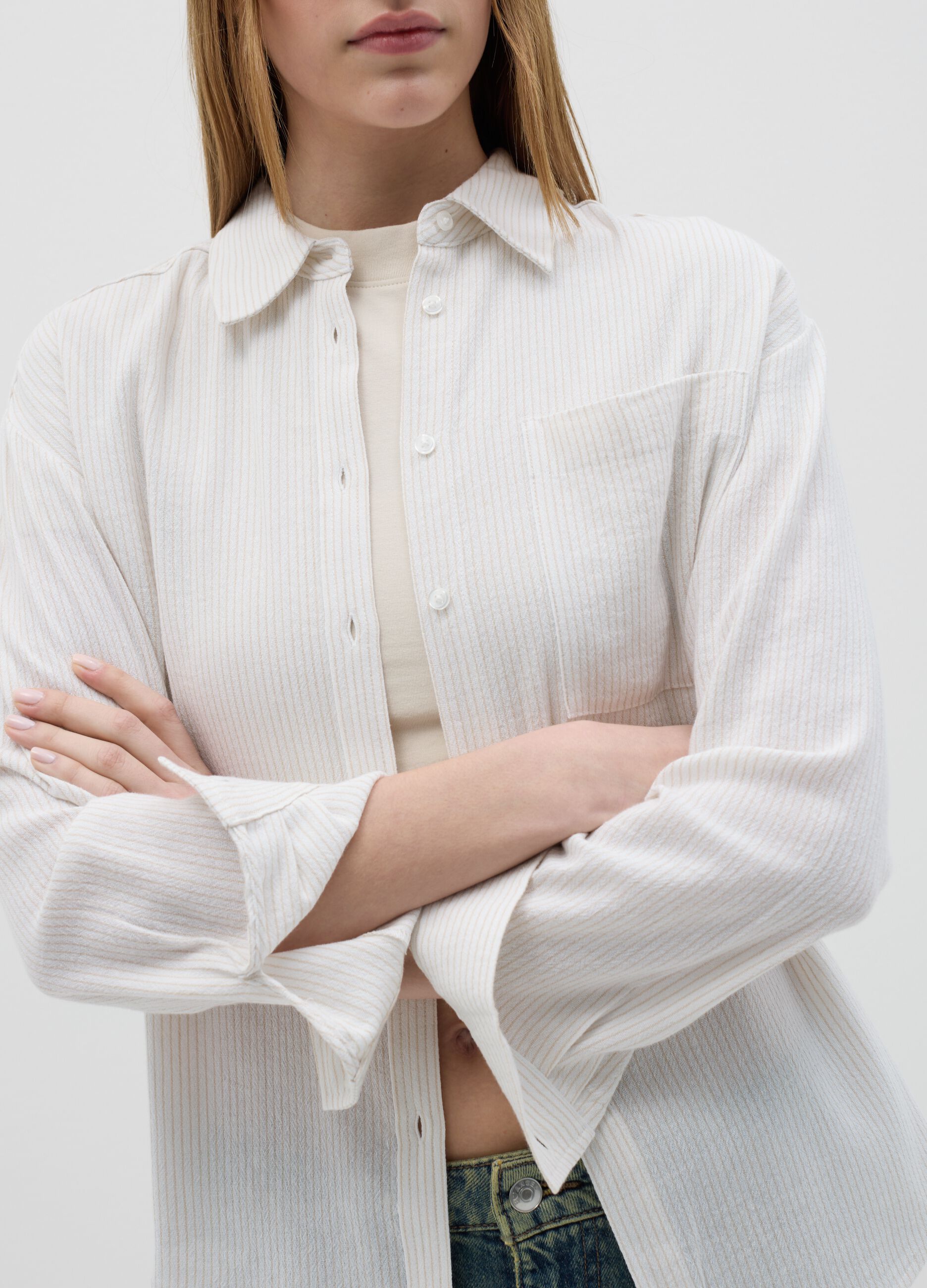 Striped beige shirt in cotton and linen