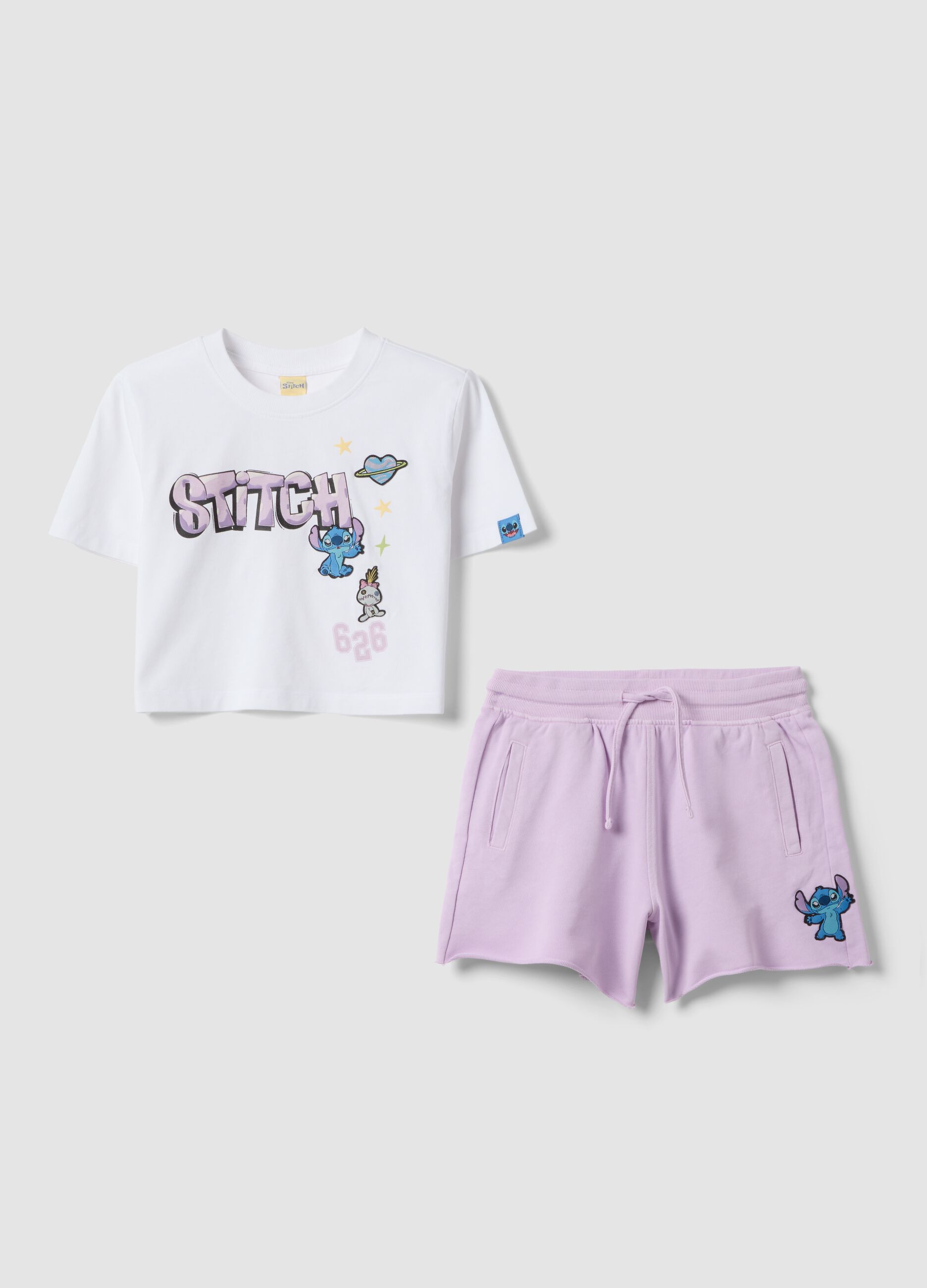 Girls&rsquo; white and purple pure cotton set with Stitch prints