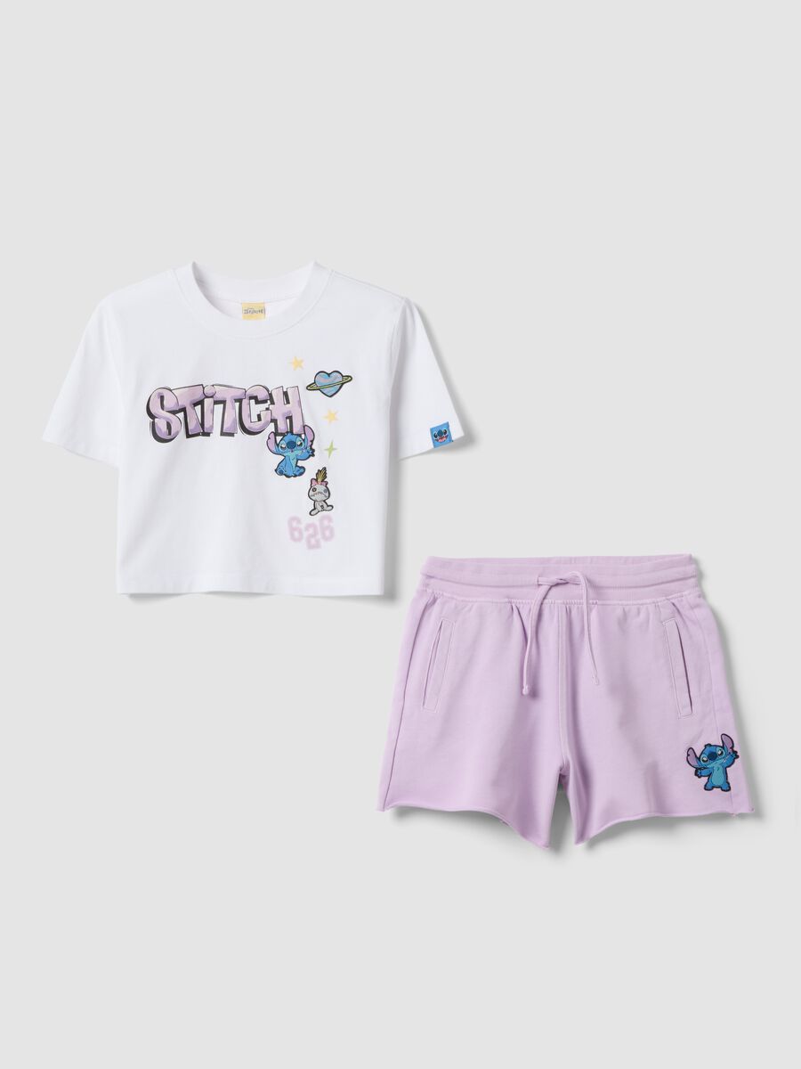 Girls&rsquo; white and purple pure cotton set with Stitch prints_0