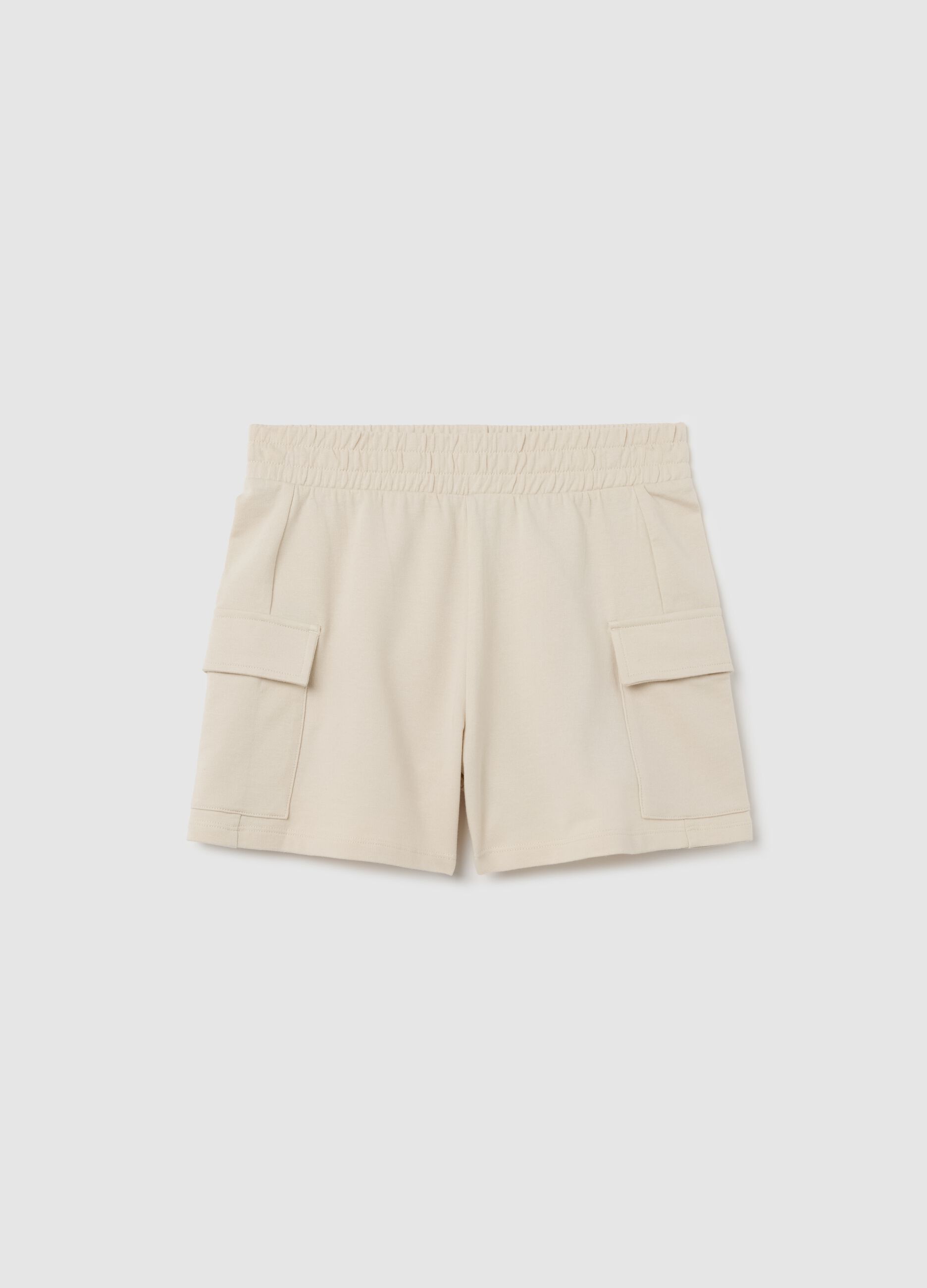 Beige cargo shorts in fleece with elasticated waist