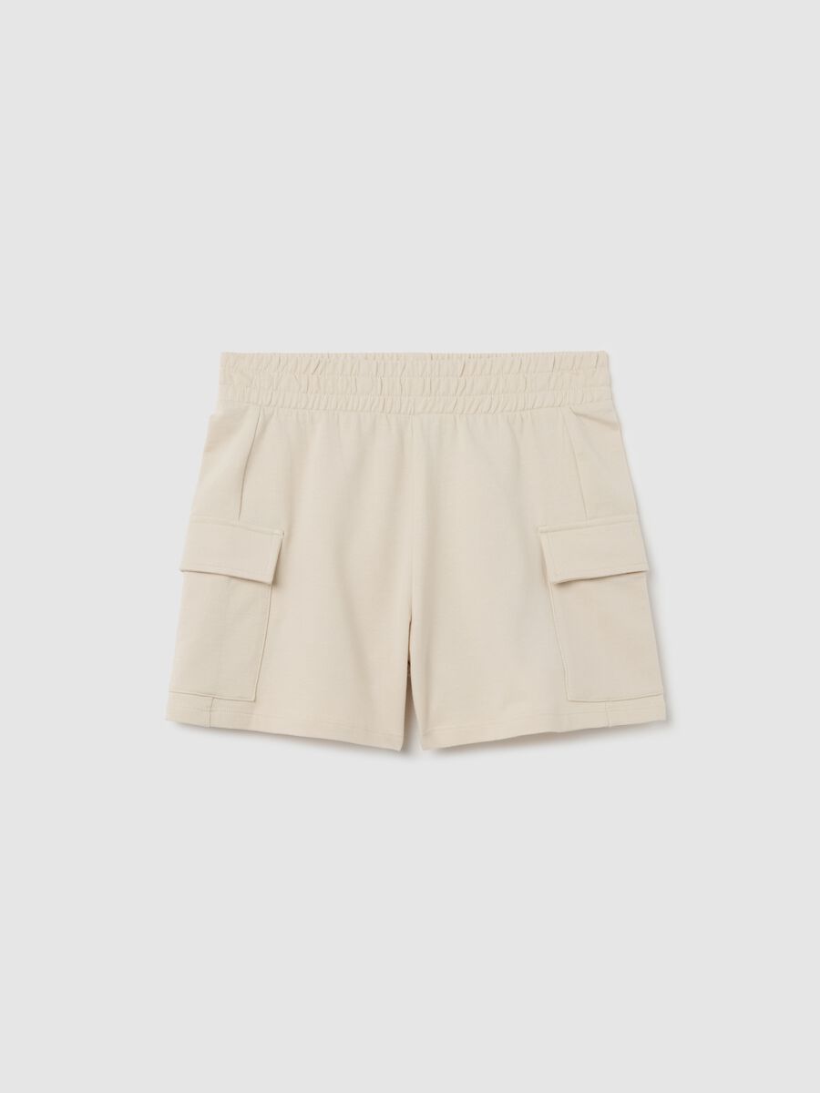 Shorts cargo beige in felpa con vita elasticata_3