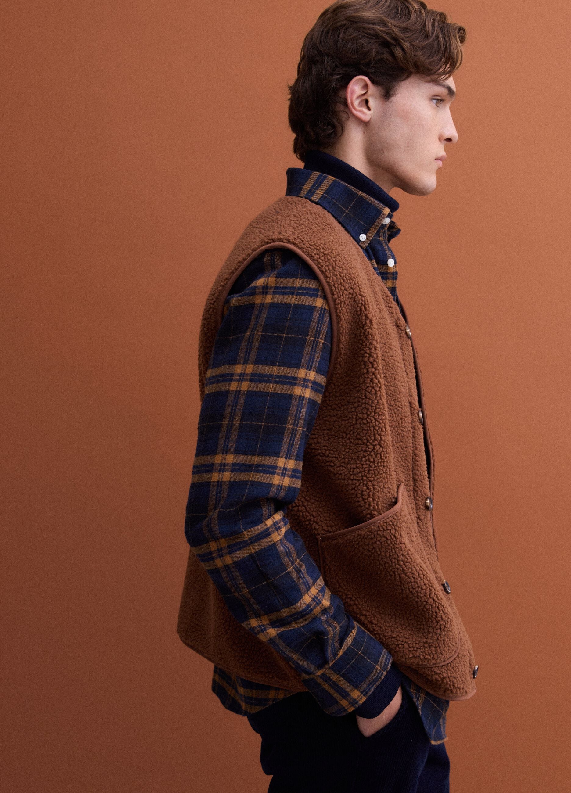 Light brown V-neck gilet with patch pockets