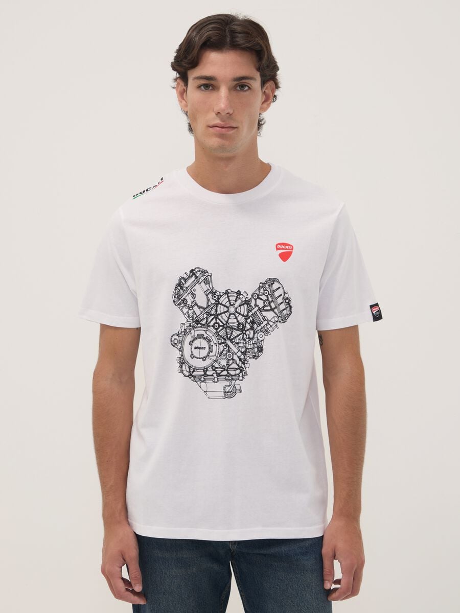 White pure cotton crew-neck T-shirt with Ducati print, regular fit_1