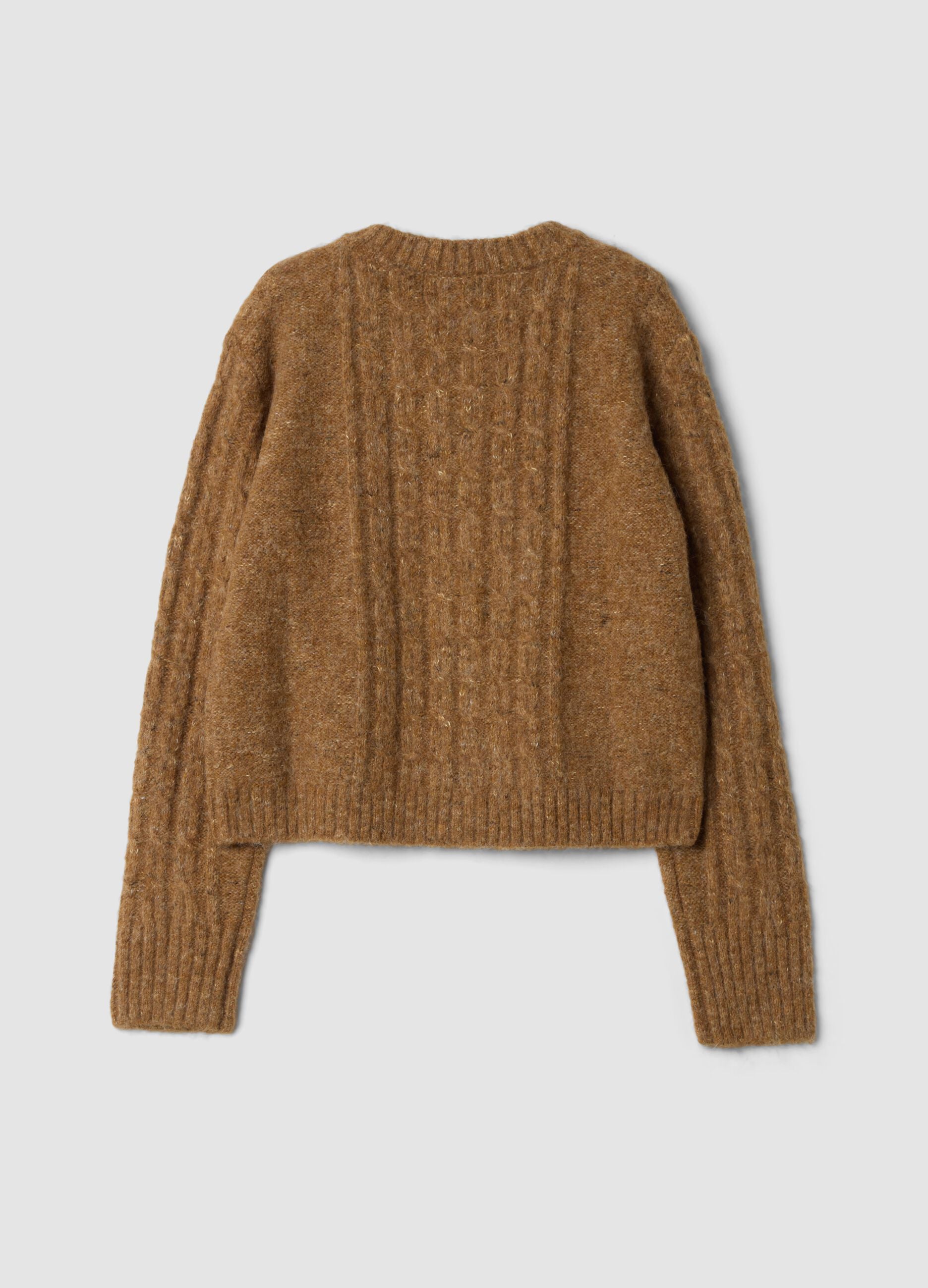 Brown crew-neck stretch wool cardigan, regular fit