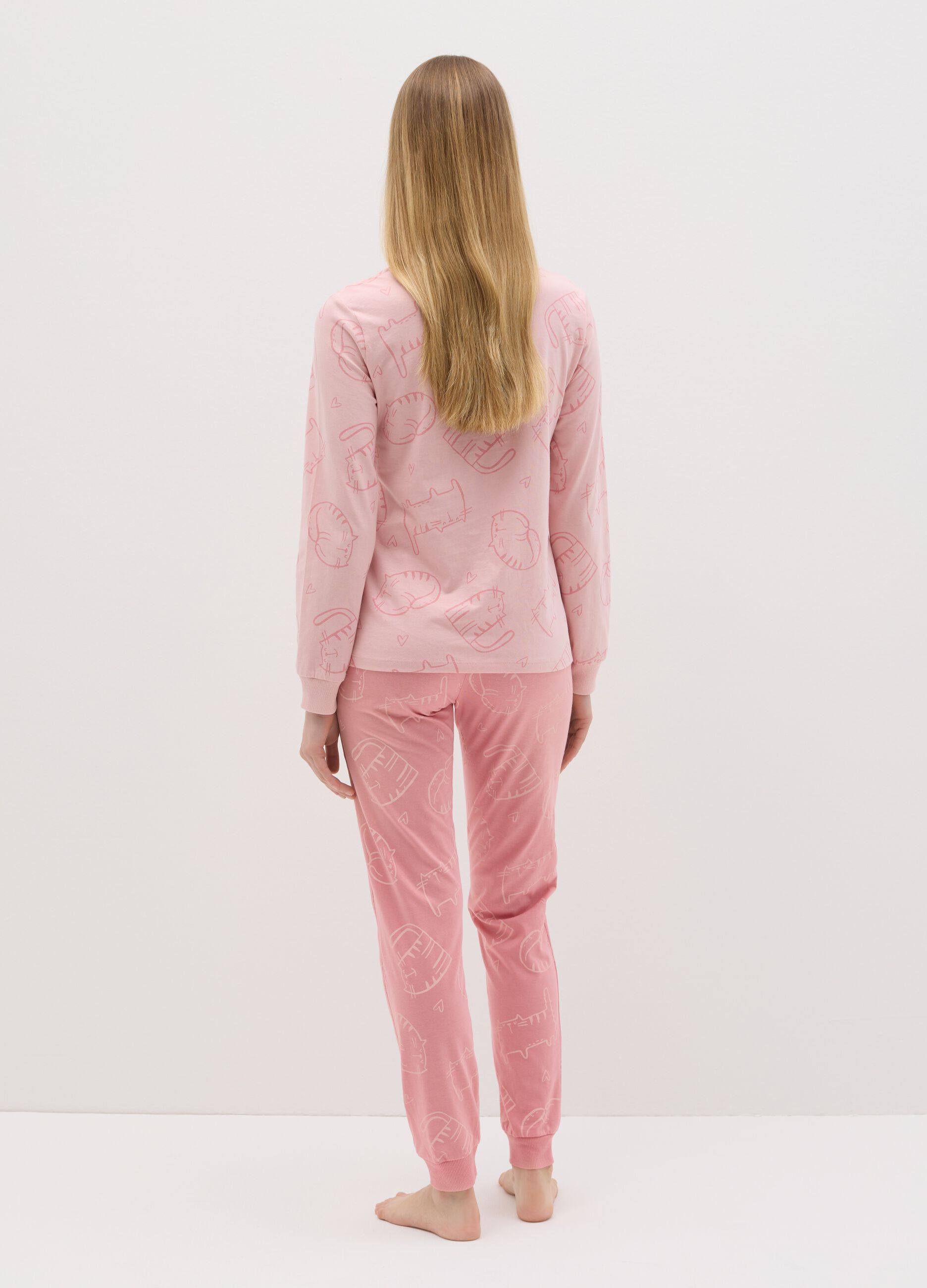 Pink cotton pyjamas with cats print