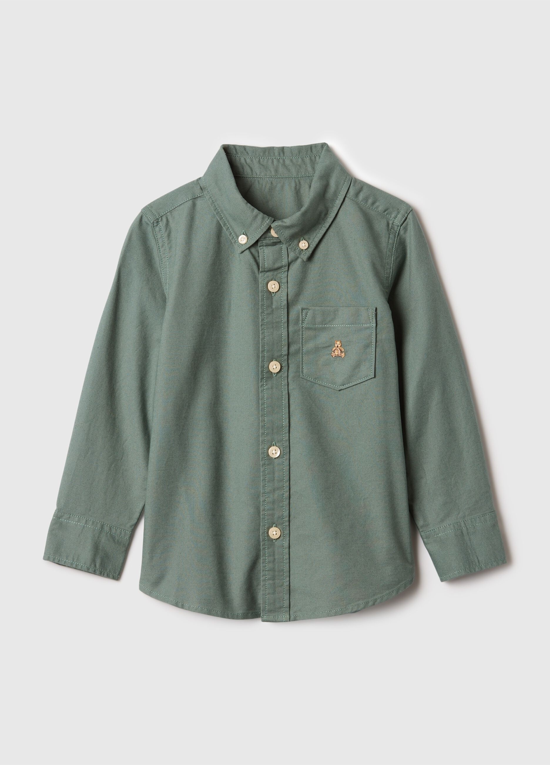 Button-down shirt with pocket and teddy bear embroidery