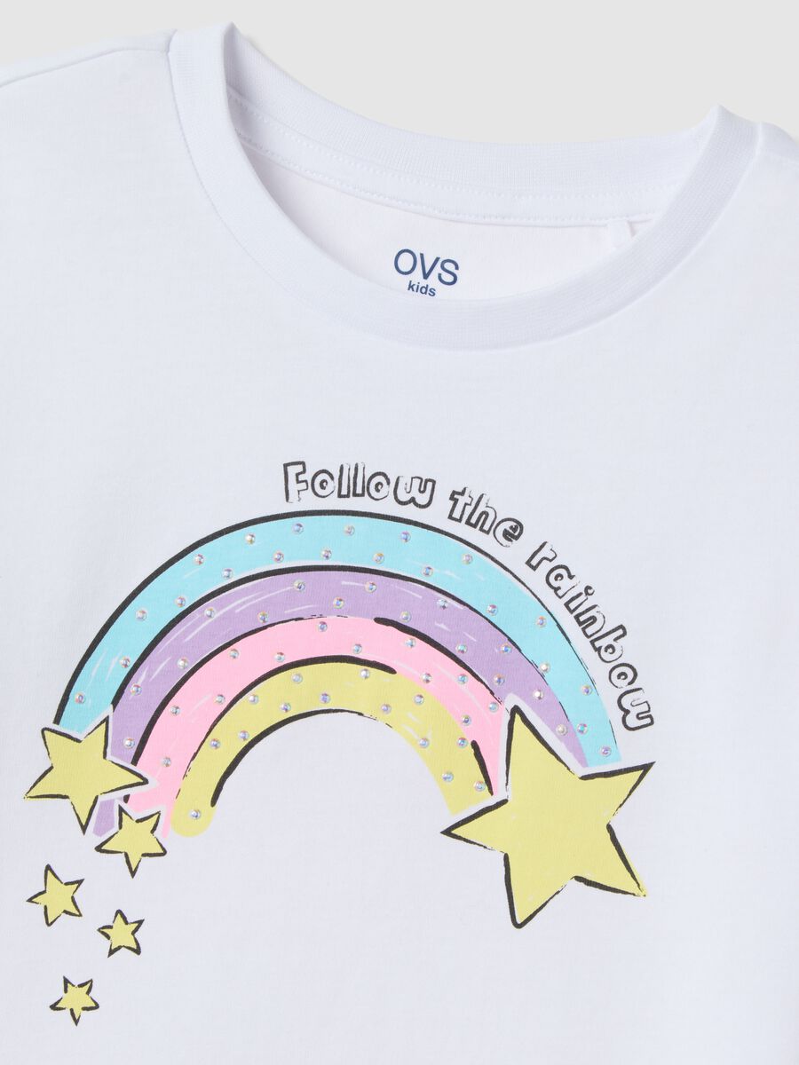 Girl's white pure cotton T-shirt regular fit with rainbow_2