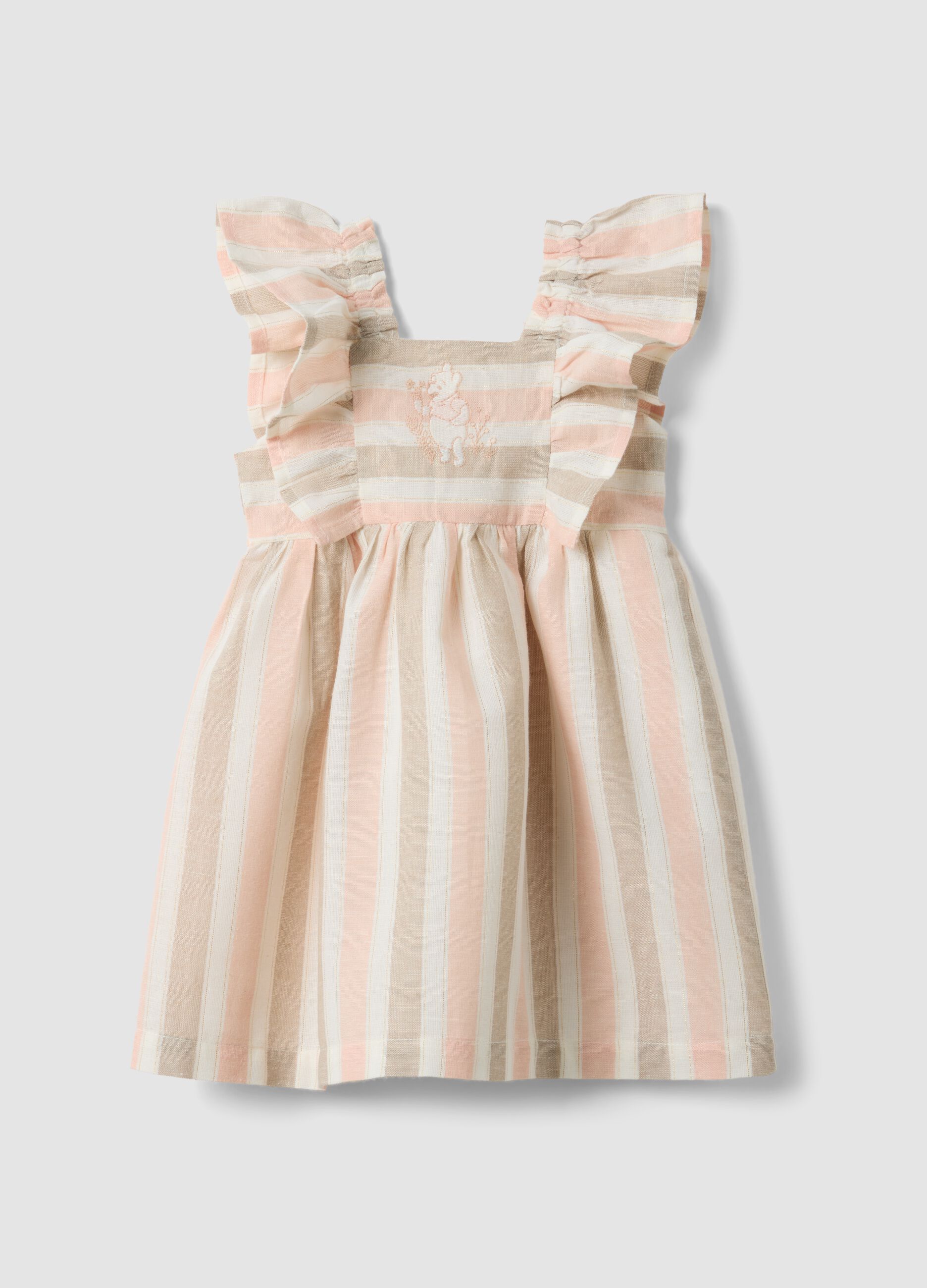 Pink striped cotton and linen-blend dress with ruffles