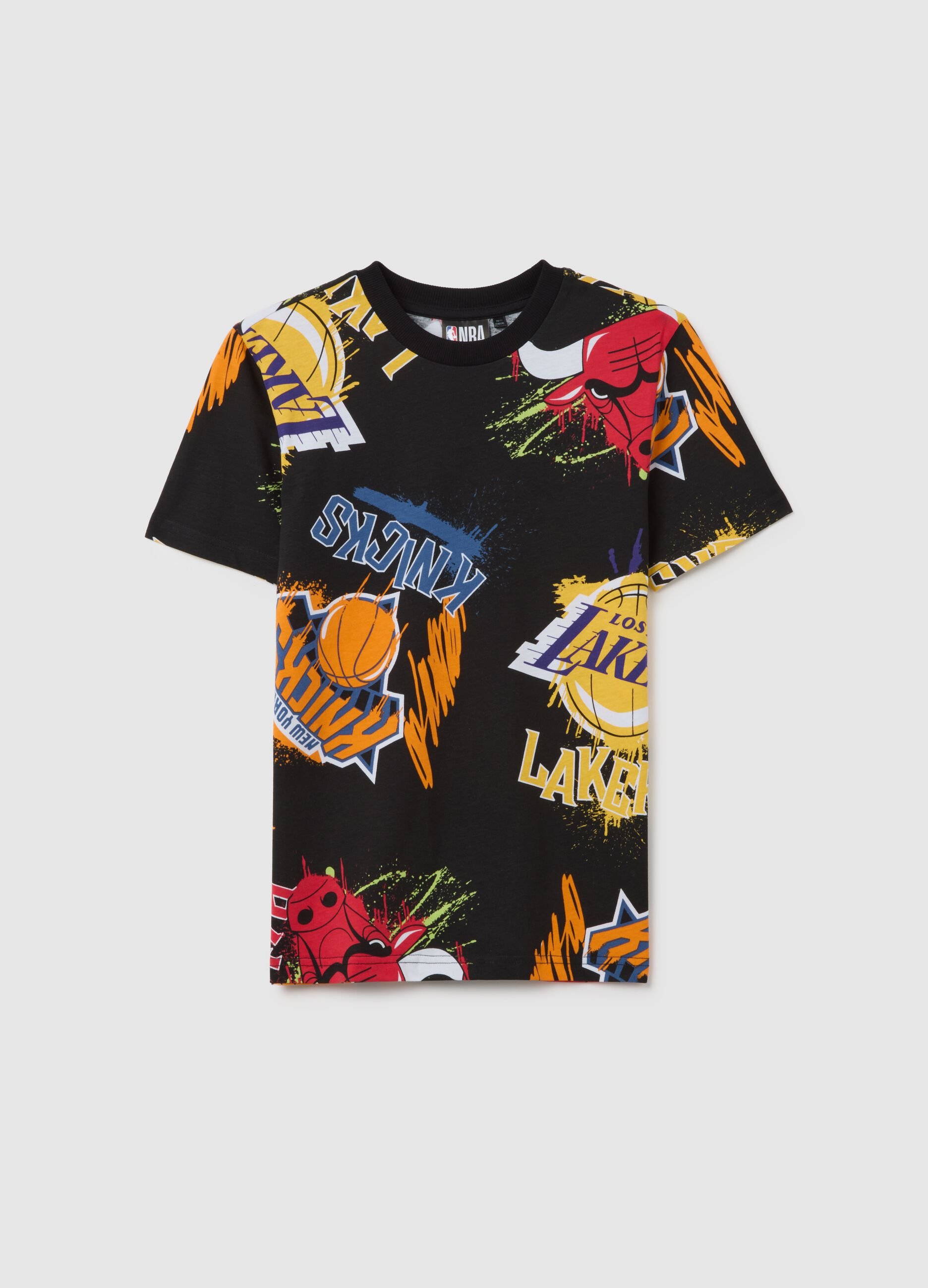 Boys' black pure cotton T-shirt, regular fit with basketball print