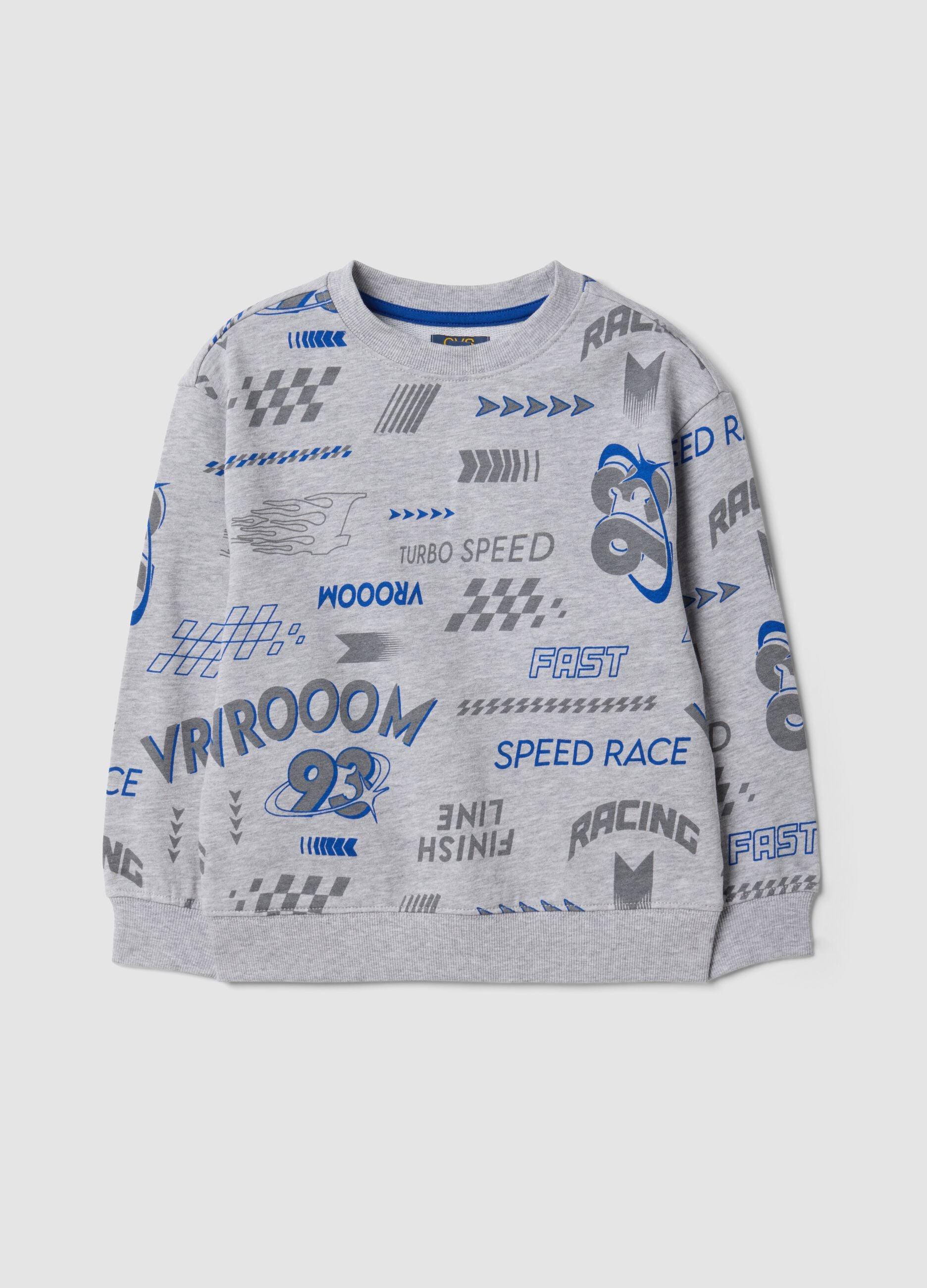 Felpa grigia in misto cotone e viscosa con stampe racing over fit