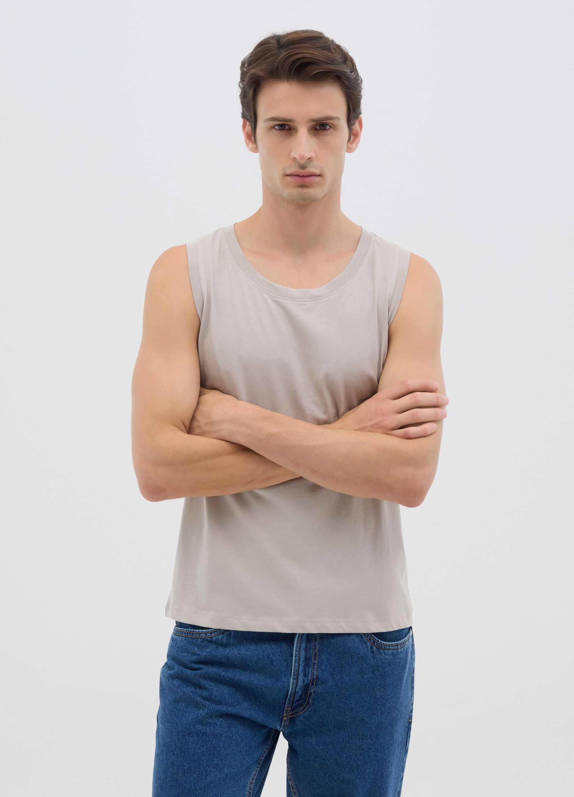 Canotta oversize da uomo in puro cotone beige regular fit
