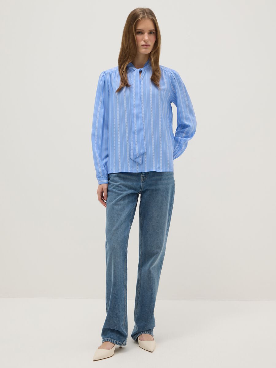 Light blue pure viscose shirt with bow and striped pattern_1