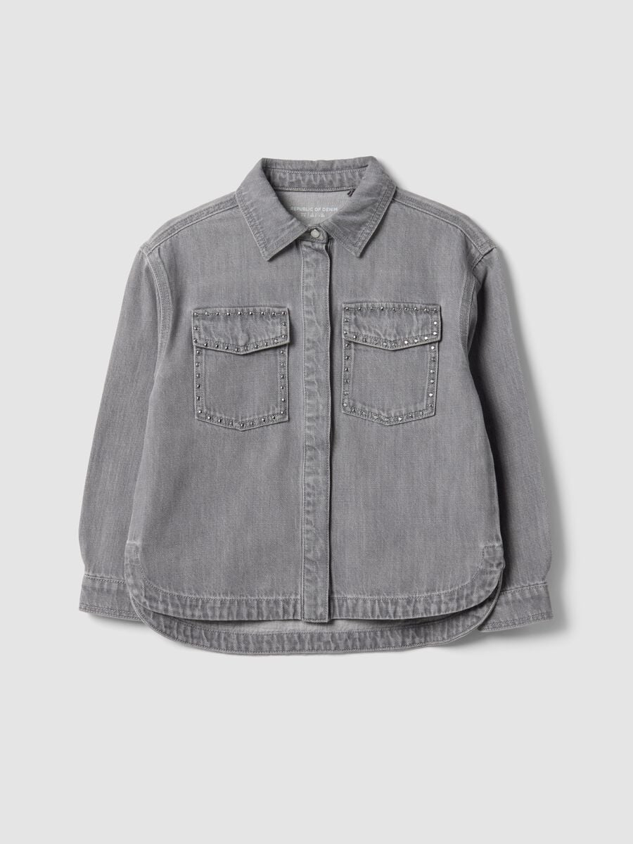Camicia over grigia in puro cotone con borchie per bambina_0