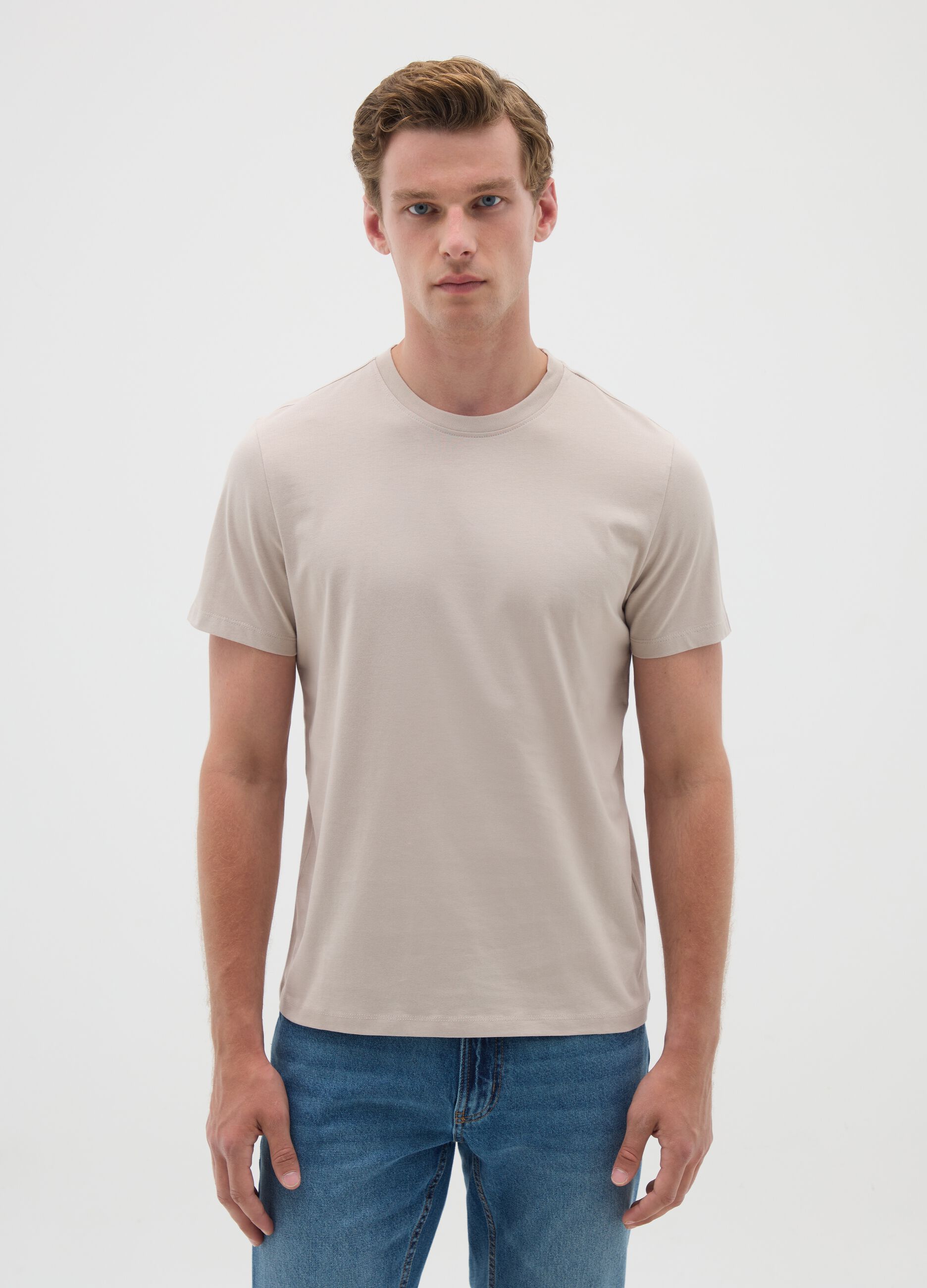 Beige pure cotton regular fit t-shirt