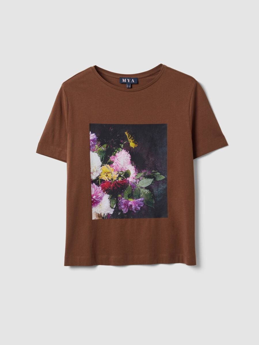 T-shirt marrone in puro cotone con stampa floreale regular fit_4