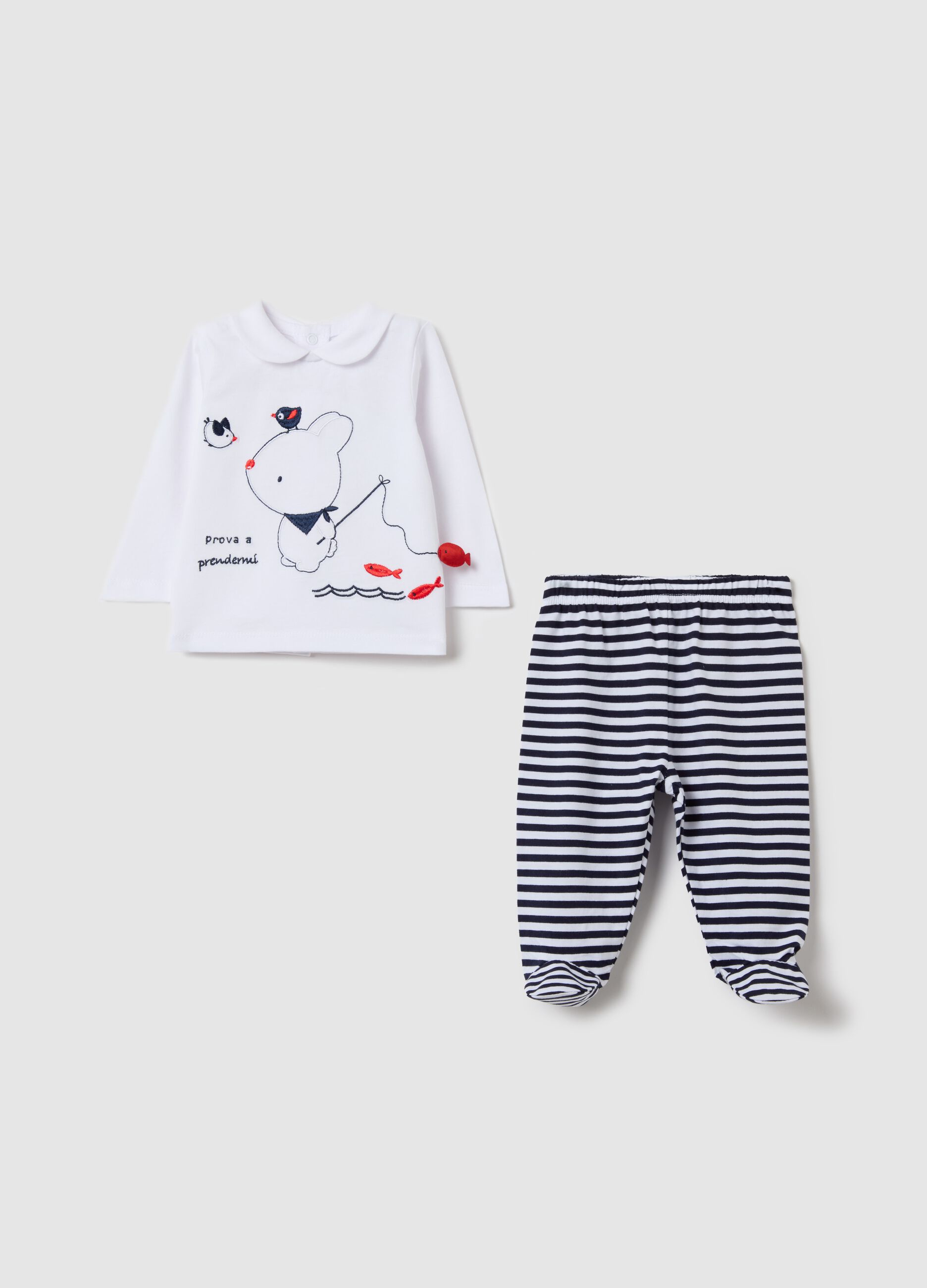 Top and baby leggings set in cotton with rabbit embroidery