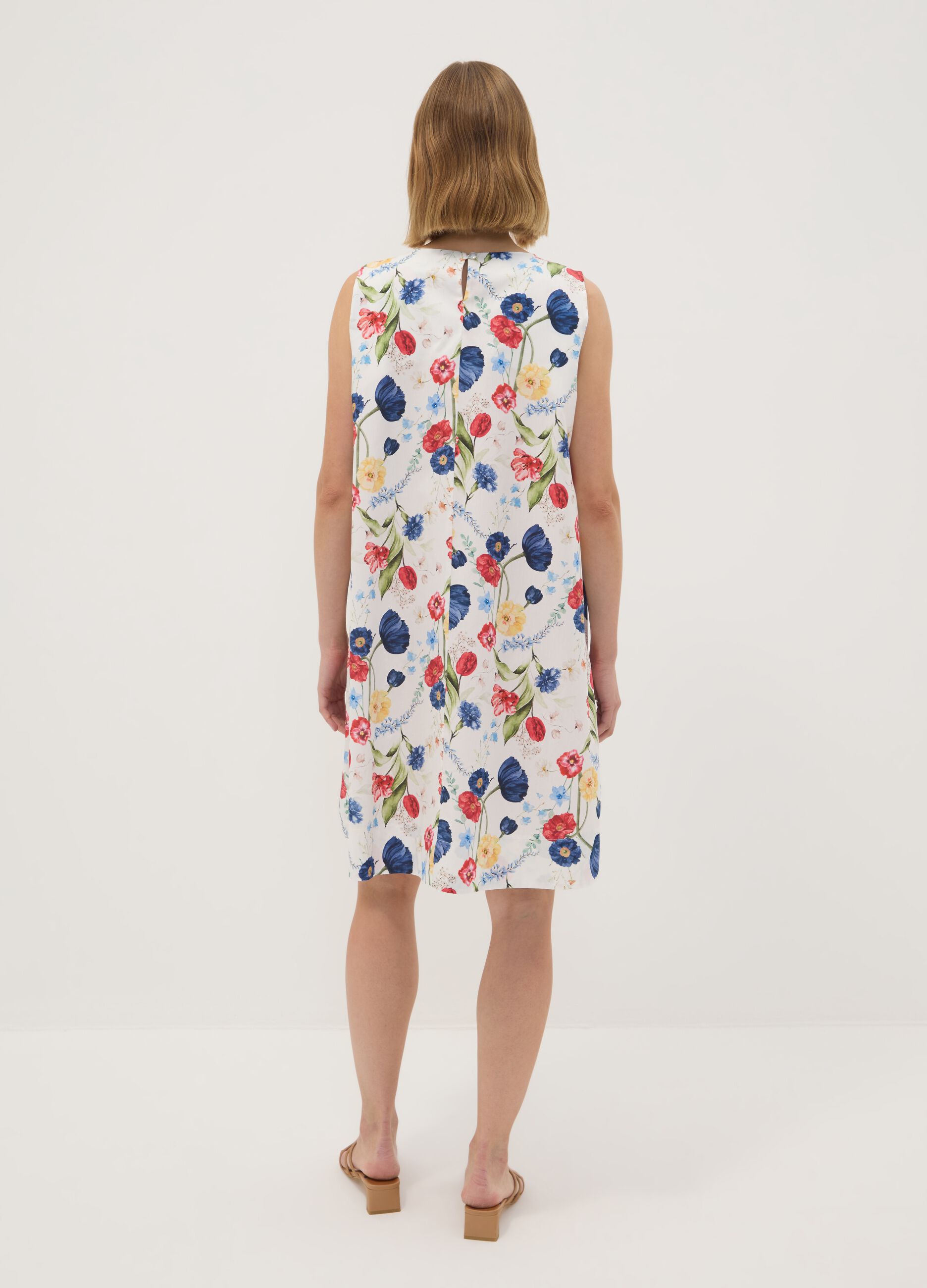 White floral dress in stretch cotton, regular fit