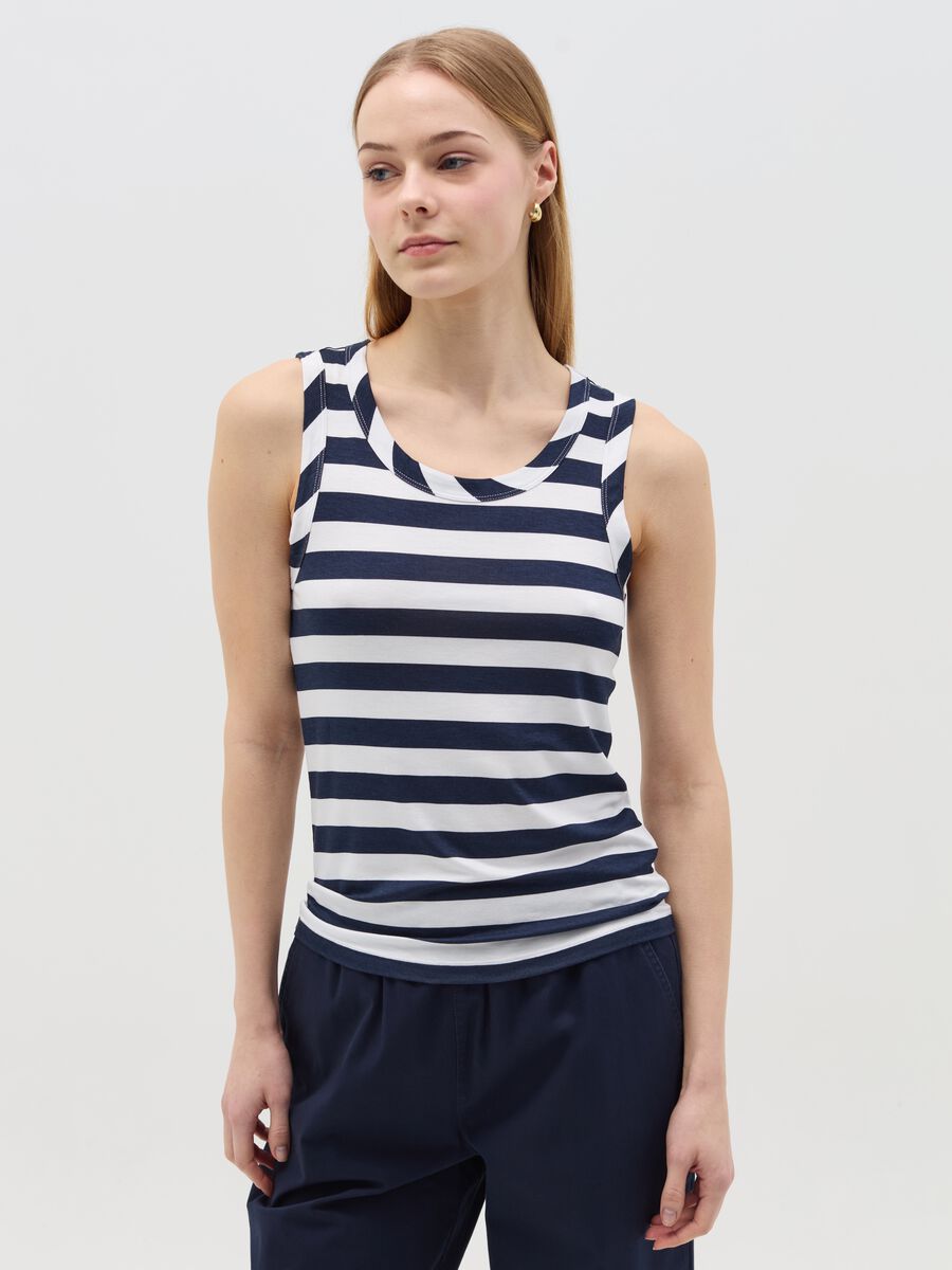 Blue and white striped tank top in stretch viscose_0