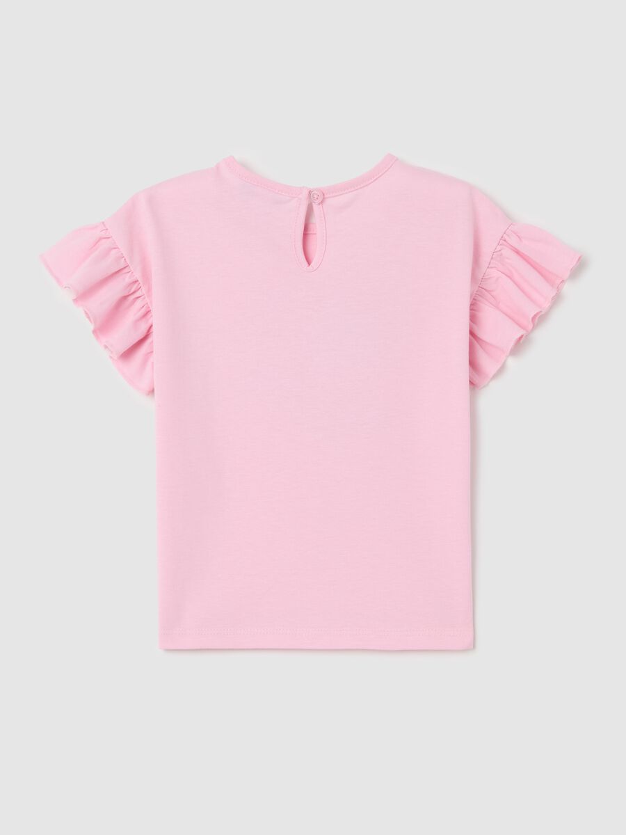 Pink cotton T-shirt with frills and print_1