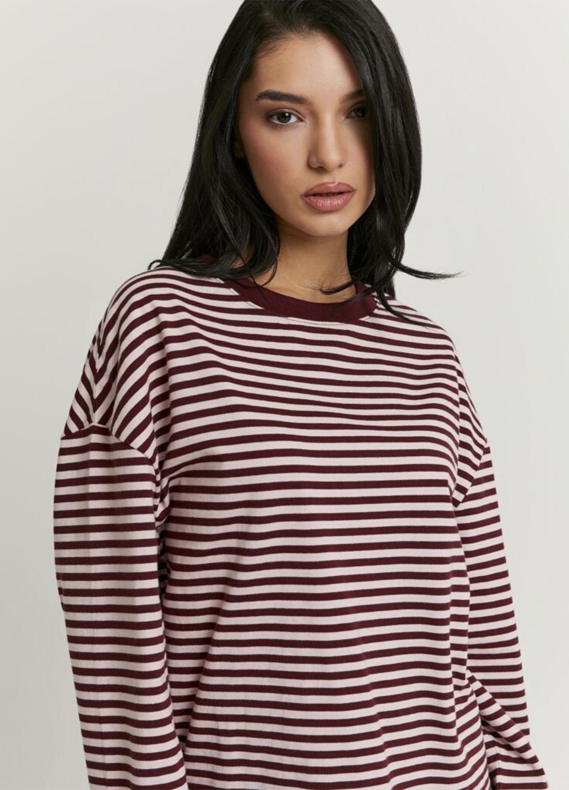 Regular Fit Long-Sleeve Striped Bordeaux T-shirt in 100% Cotton