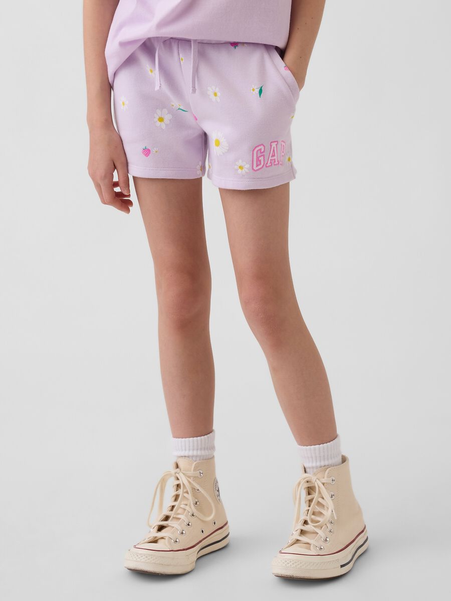Shorts in misto cotone viola da bambina con fragole e fiori_1