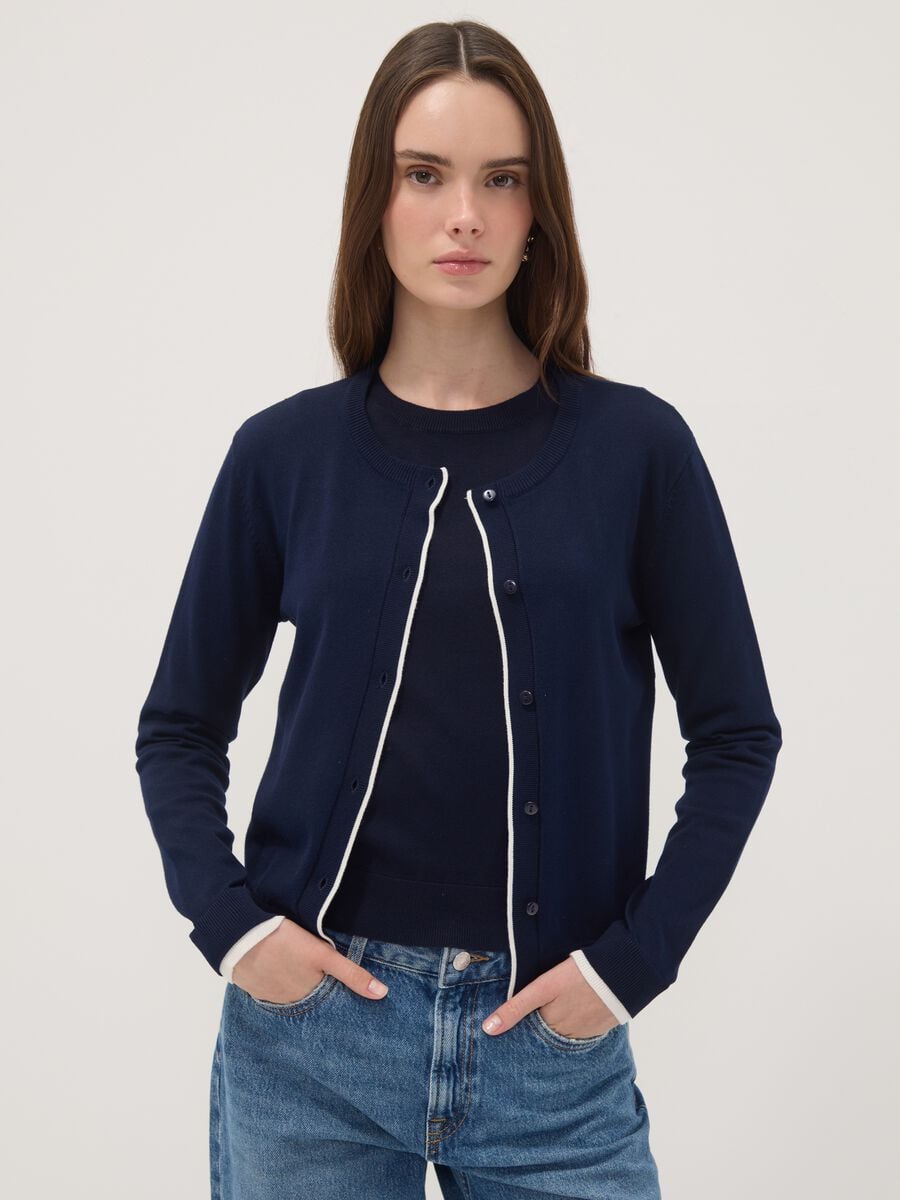 Blue viscose-blend cardigan in plain knit_0