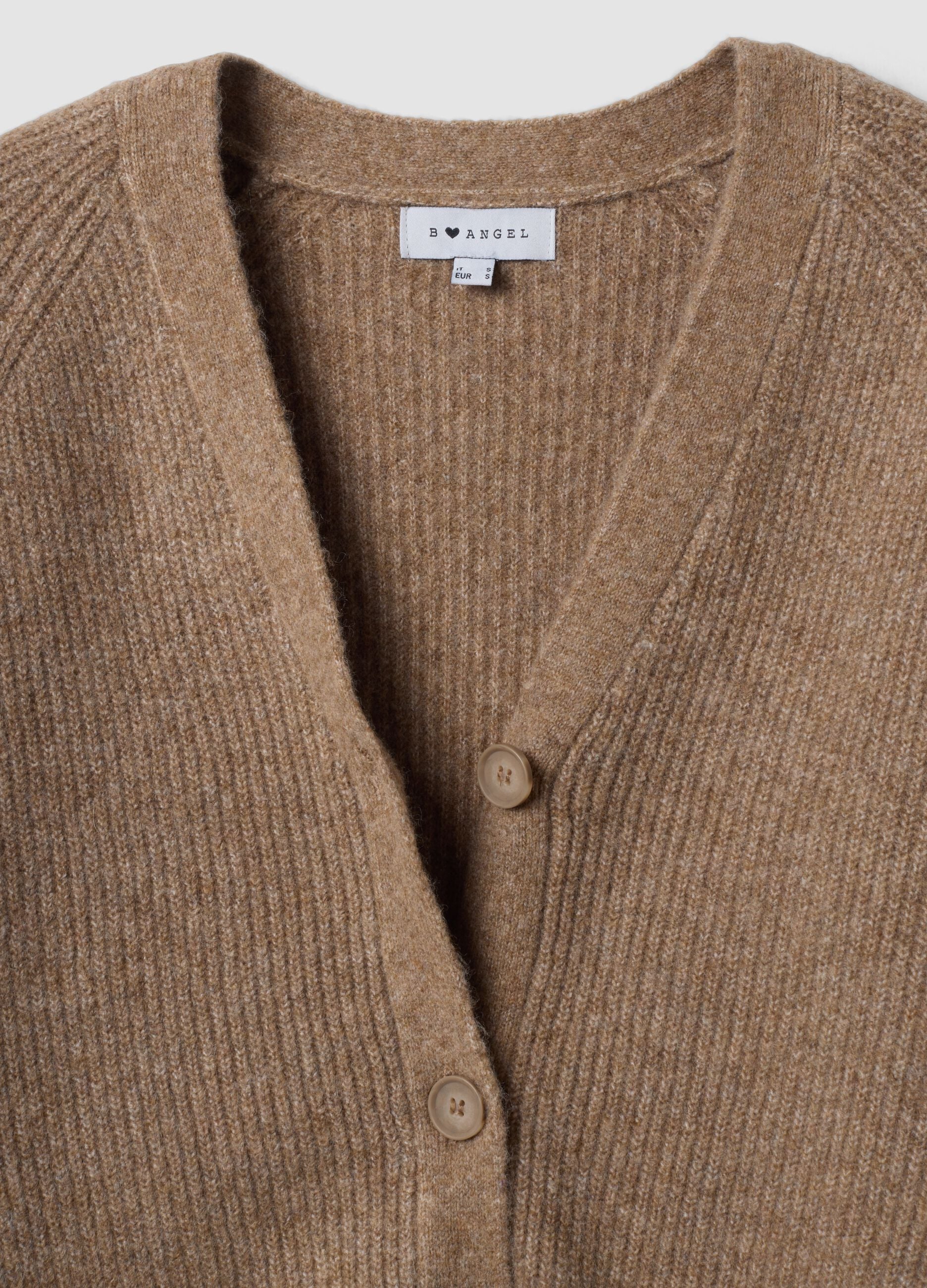 Cardigan marrone in lana elasticizzata con scollo profondo a V over fit