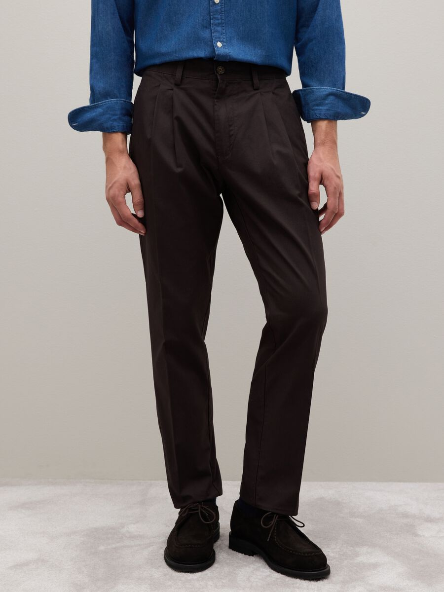 Brown regular fit pure cotton twill chino trousers_1