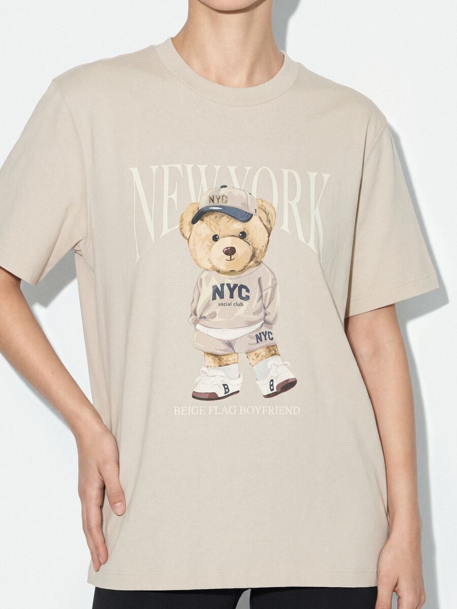 T-shirt beige relaxed fit in puro cotone con stampa teddy_3