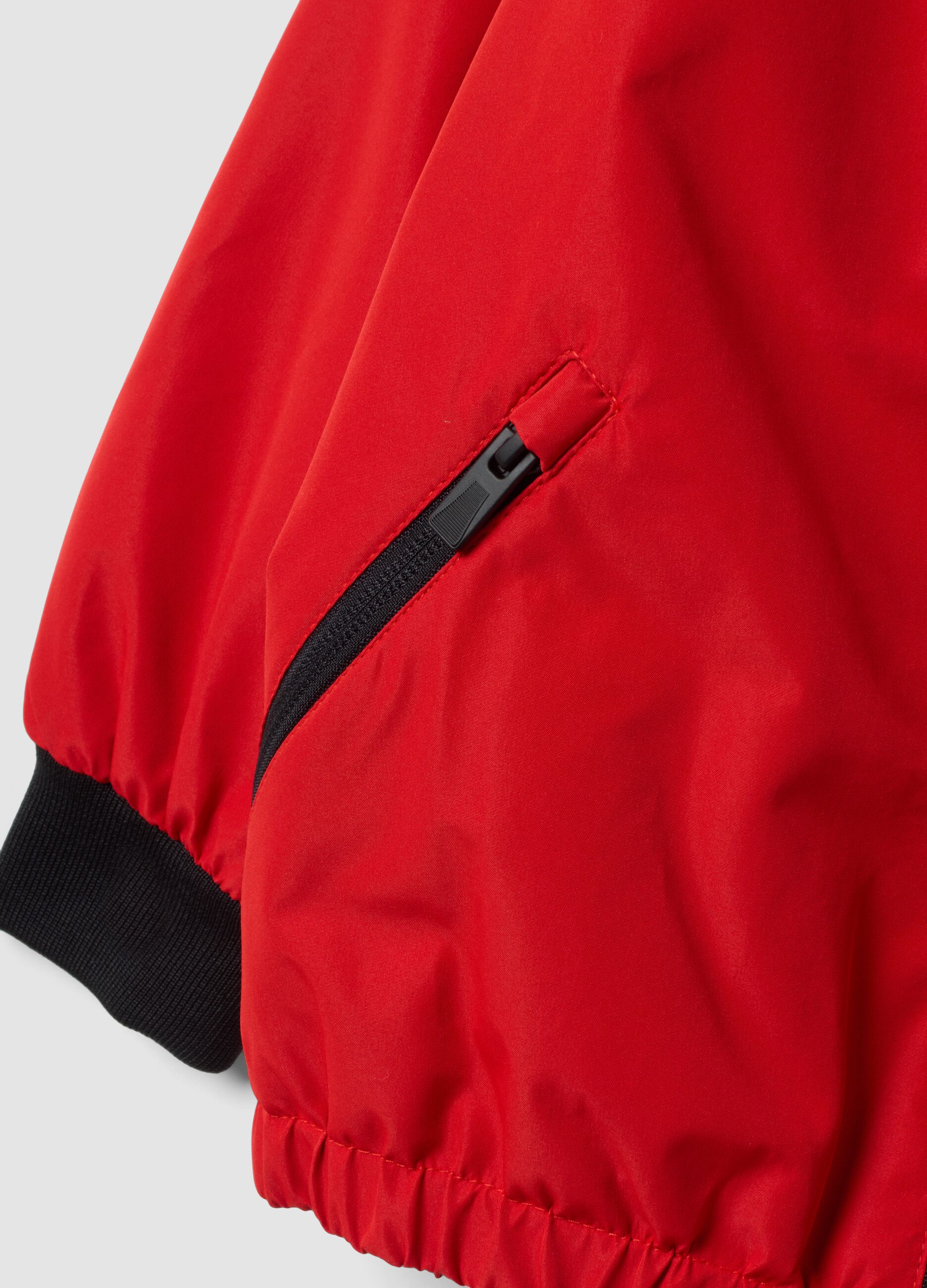 Red rain jacket with hood and zip, Mario Kart print